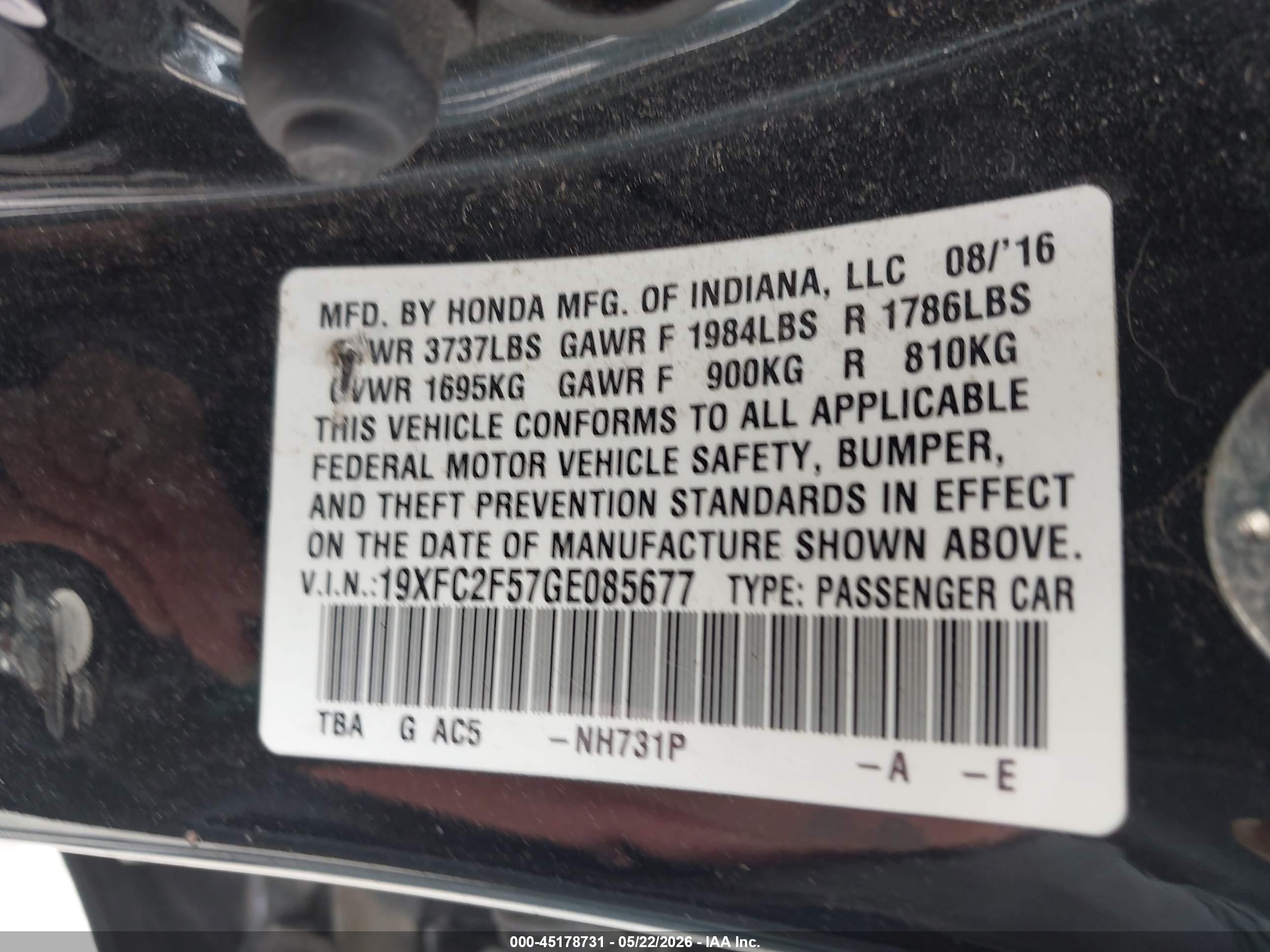 2016 Honda Civic Lx Gray vin: 19XFC2F57GE085677