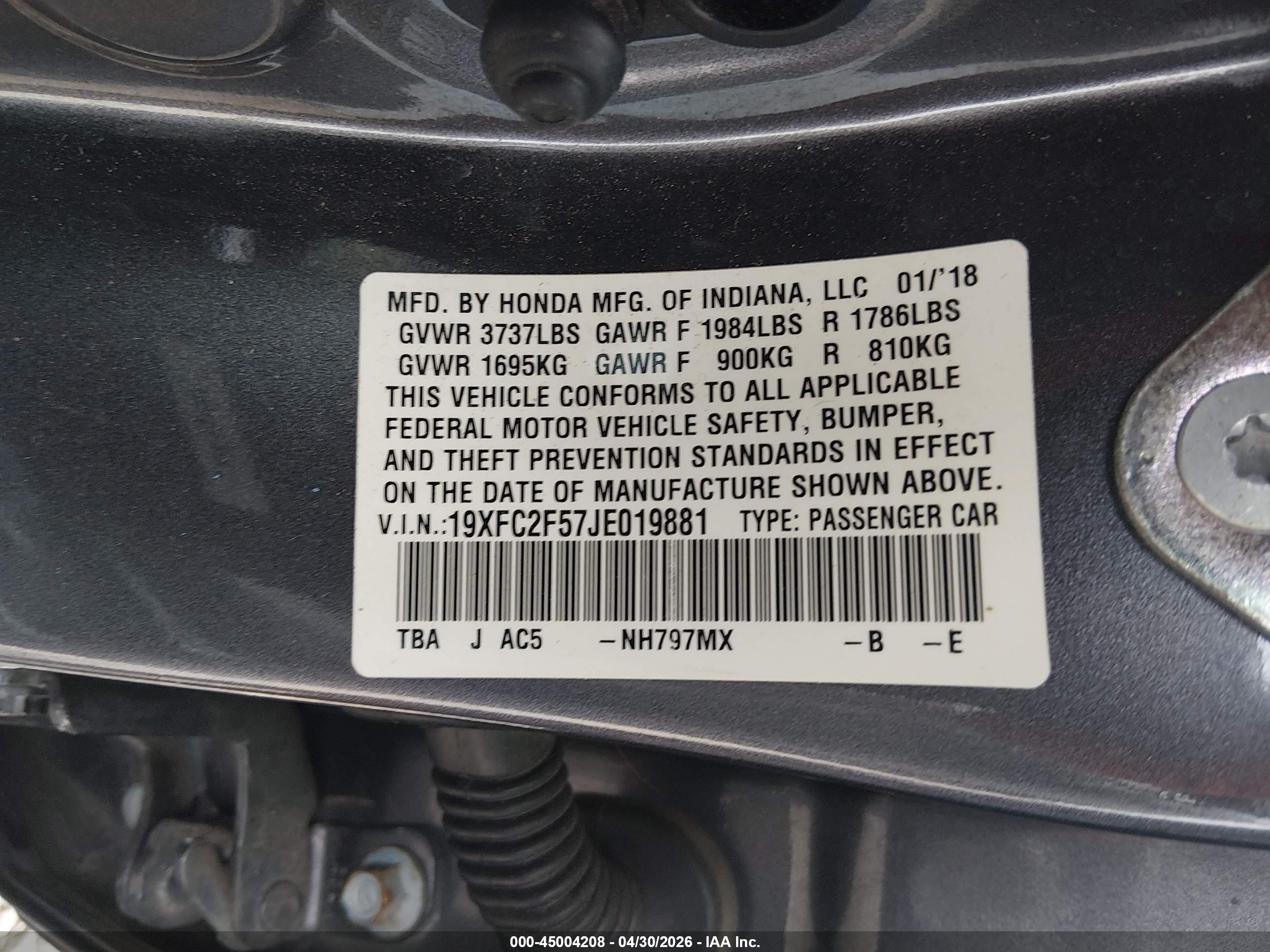 2018 Honda Civic Lx Gray vin: 19XFC2F57JE019881