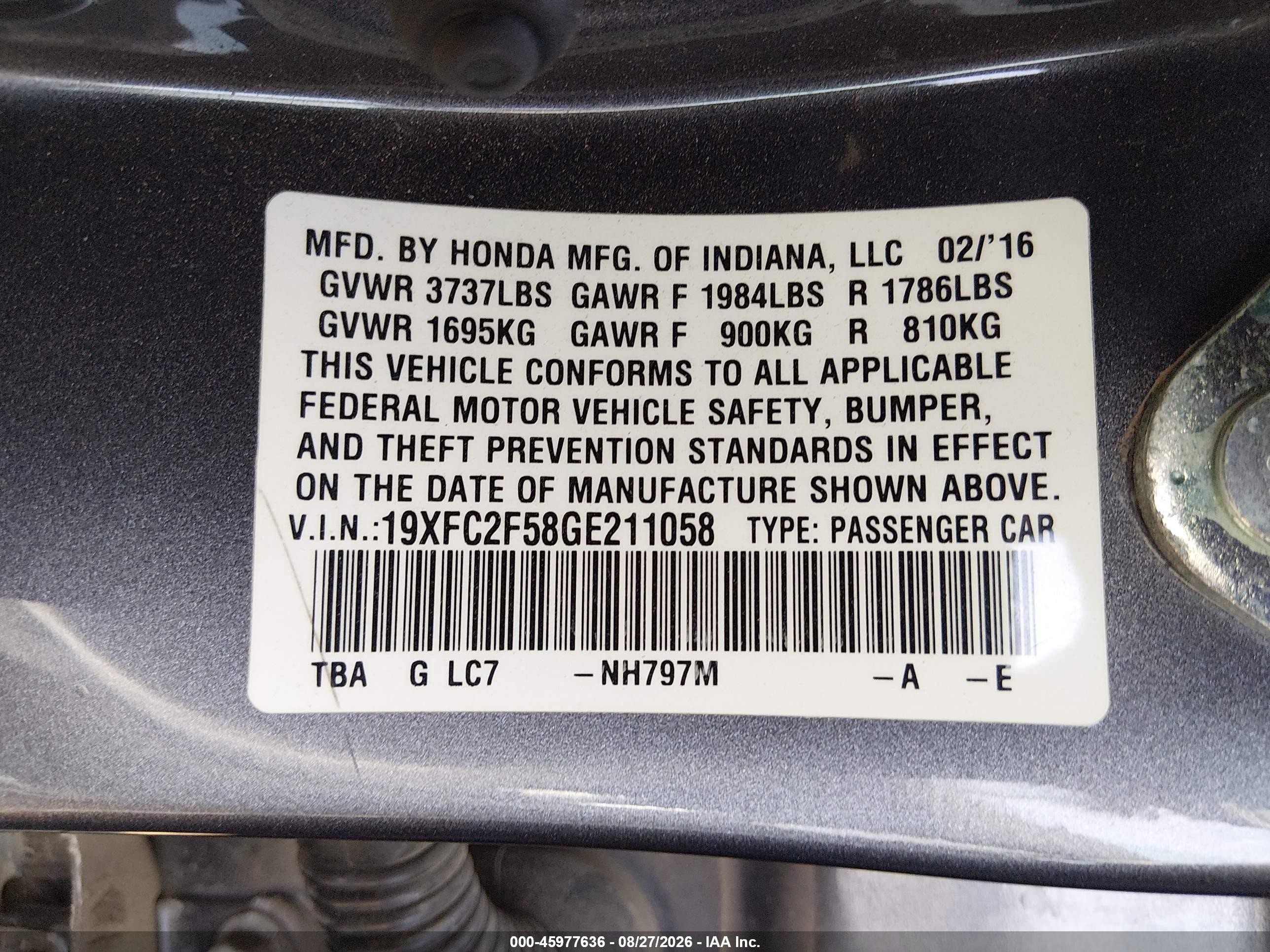 2016 Honda Civic Lx Gray vin: 19XFC2F58GE211058