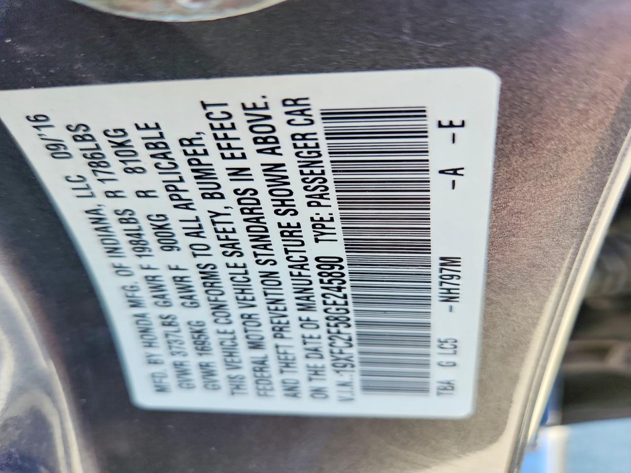 2016 Honda Civic Lx Charcoal vin: 19XFC2F58GE245890