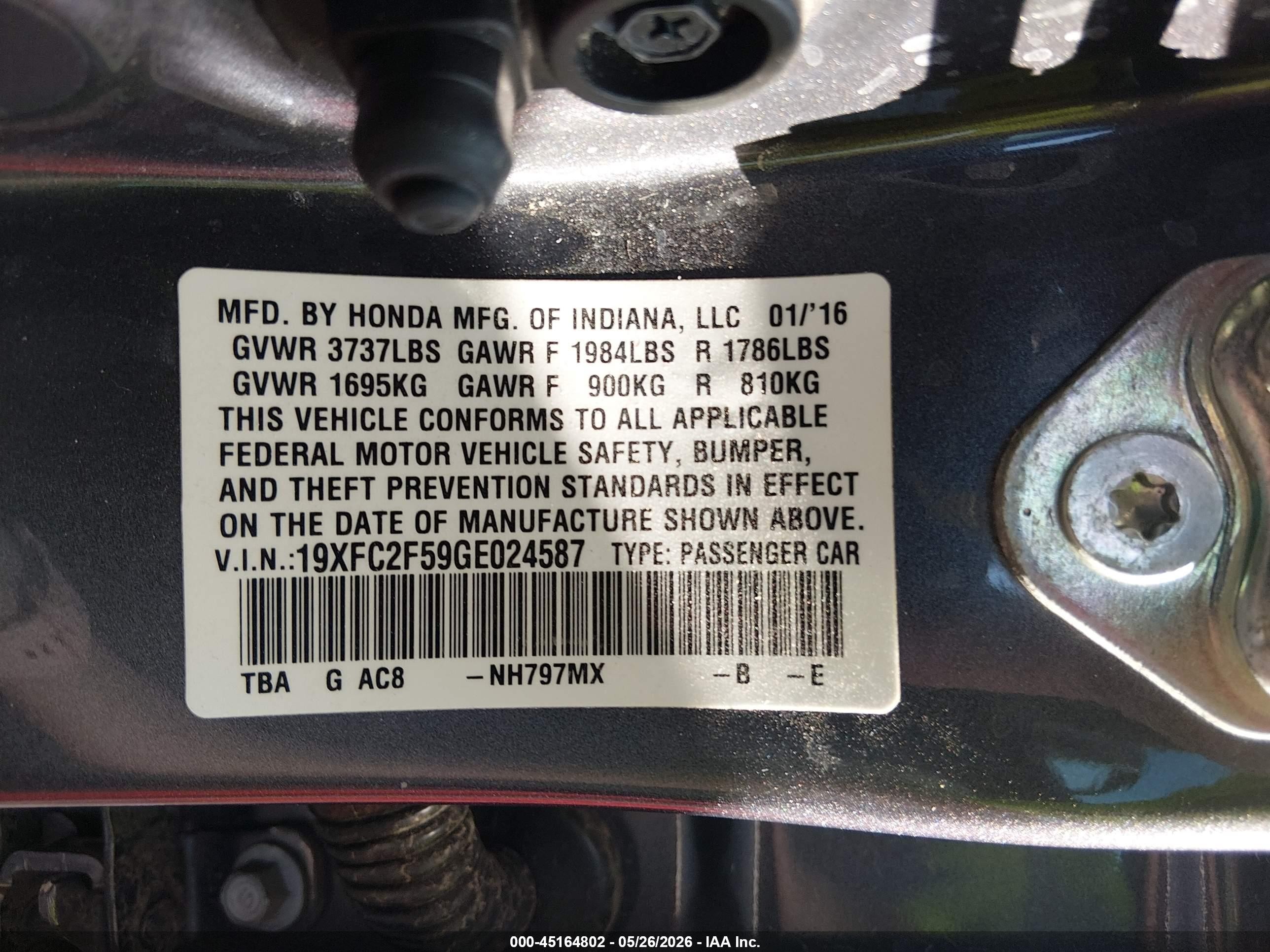 2016 Honda Civic Lx Gray vin: 19XFC2F59GE024587