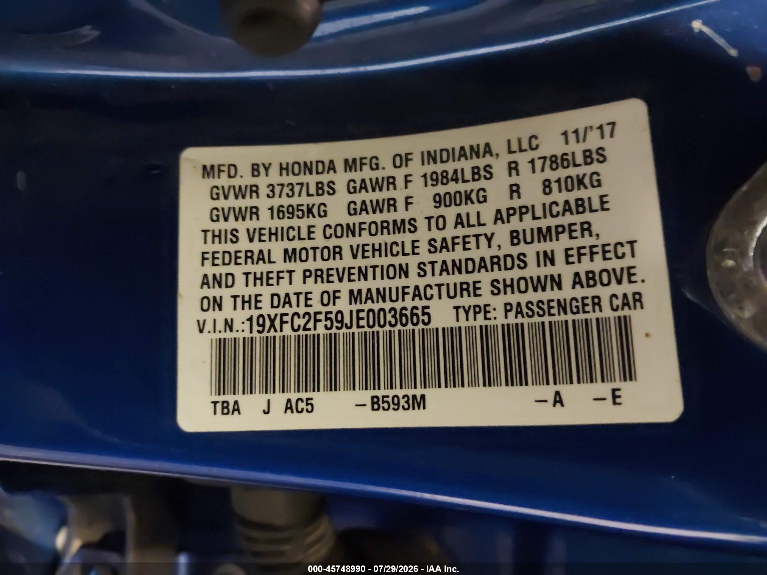 2018 Honda Civic Lx Blue vin: 19XFC2F59JE003665