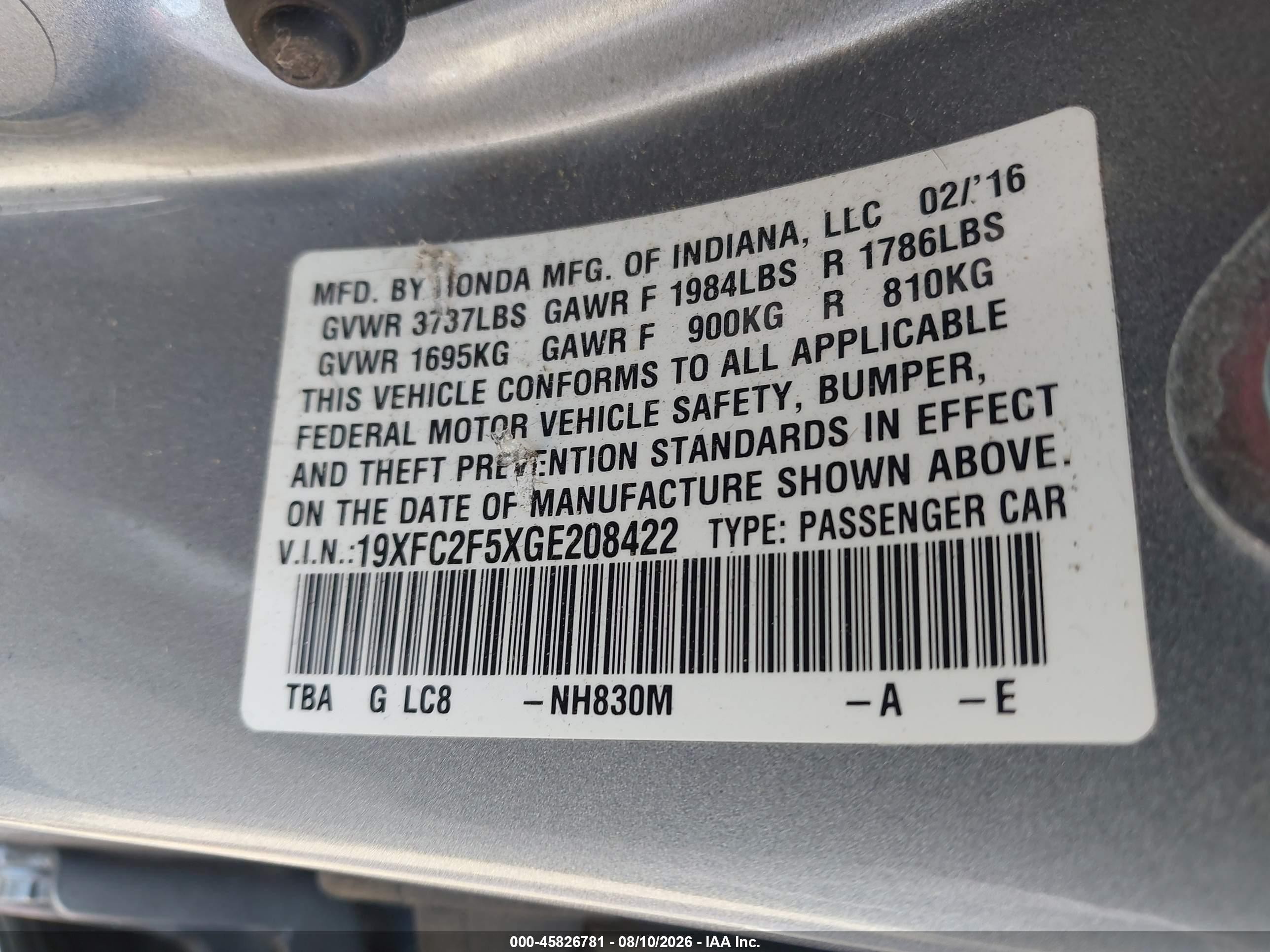 2016 Honda Civic Lx Silver vin: 19XFC2F5XGE208422