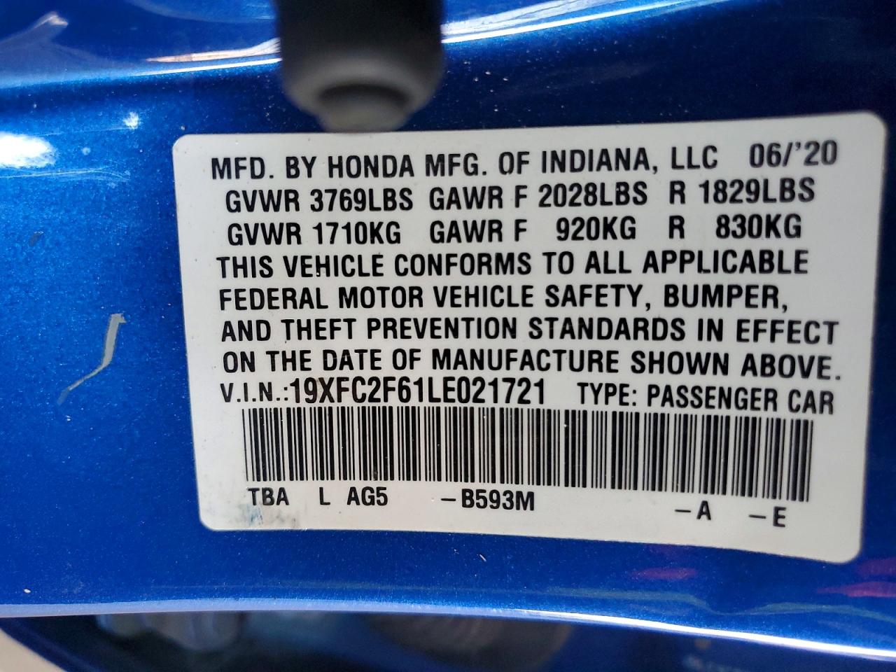 2020 Honda Civic Lx Blue vin: 19XFC2F61LE021721