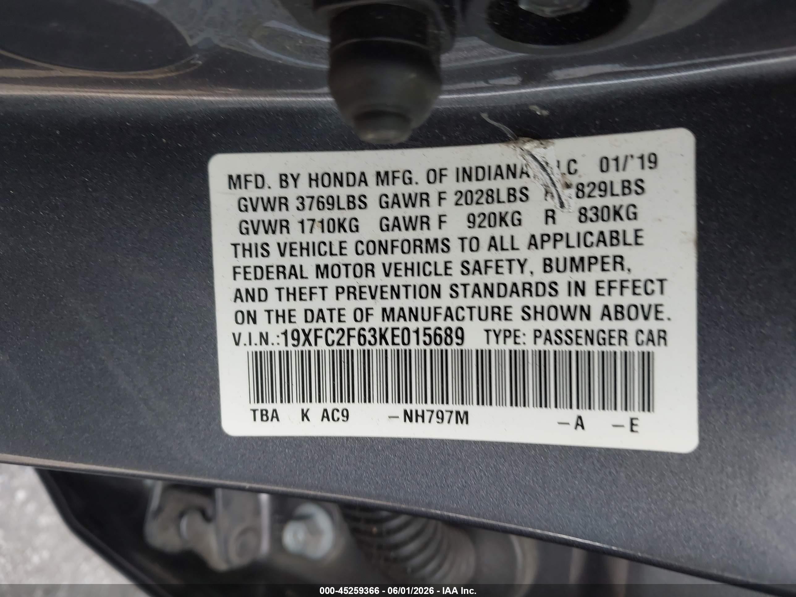 2019 Honda Civic Lx Gray vin: 19XFC2F63KE015689