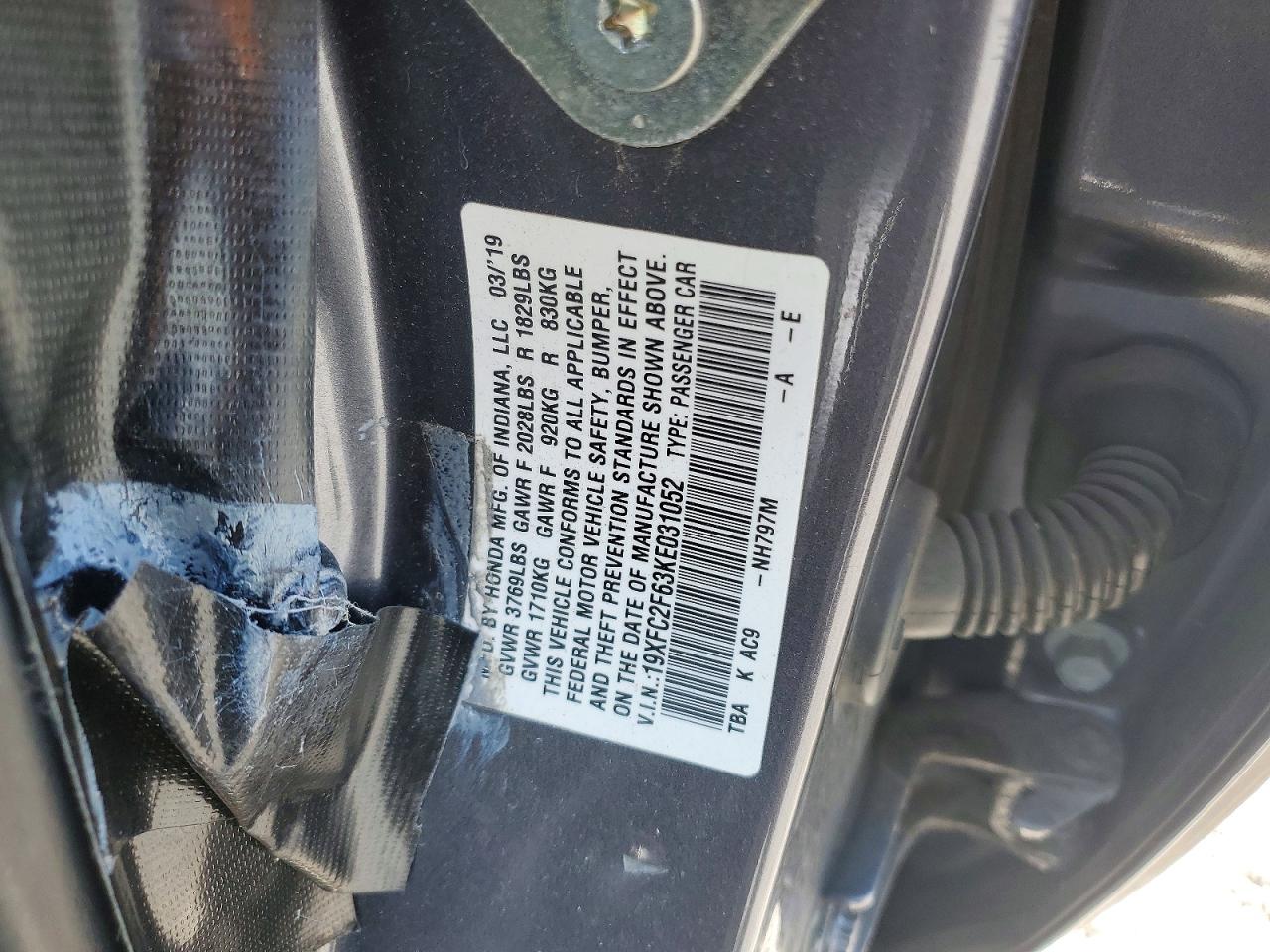 2019 Honda Civic Lx Gray vin: 19XFC2F63KE031052