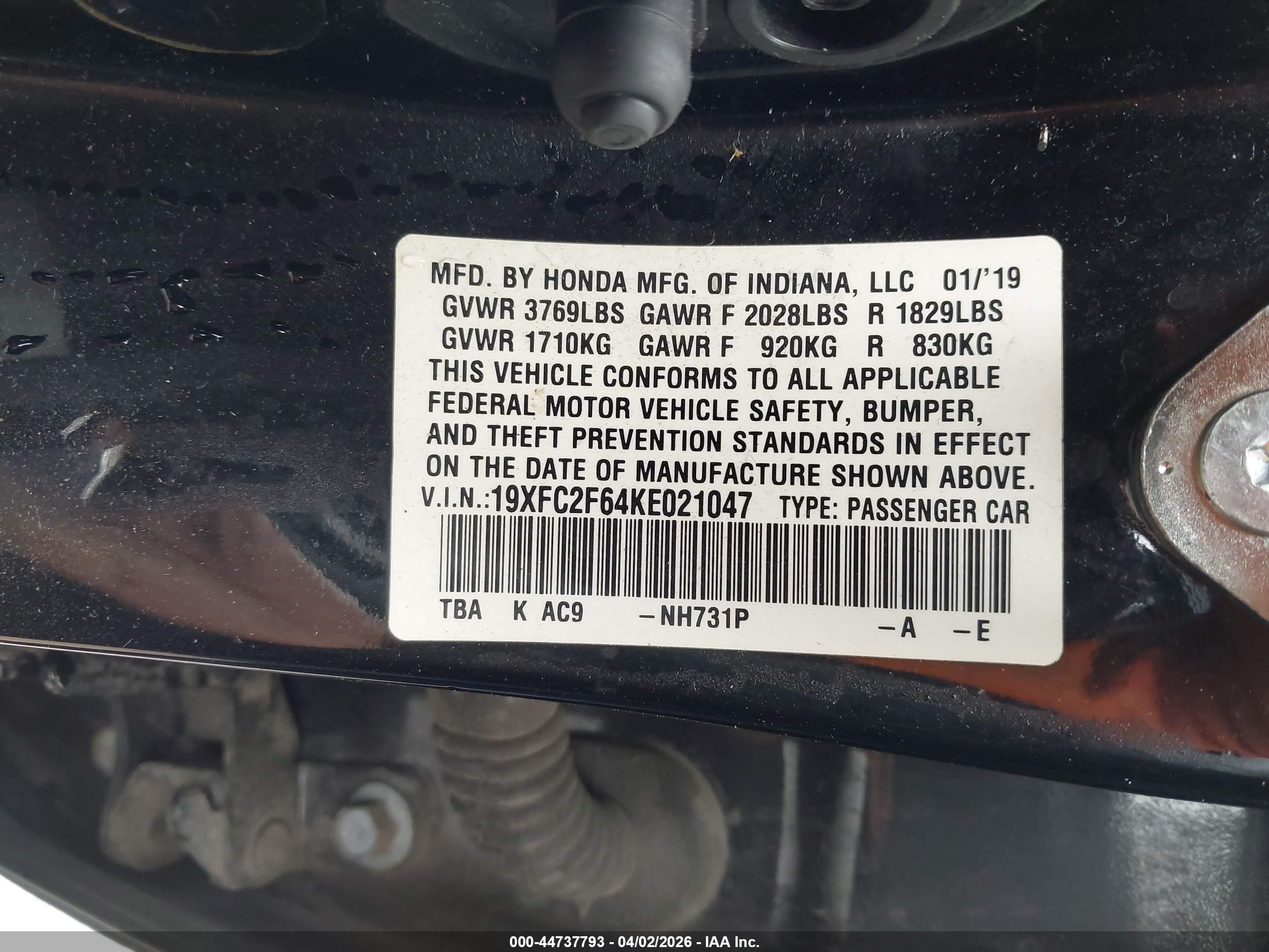 2019 Honda Civic Lx Черный vin: 19XFC2F64KE021047