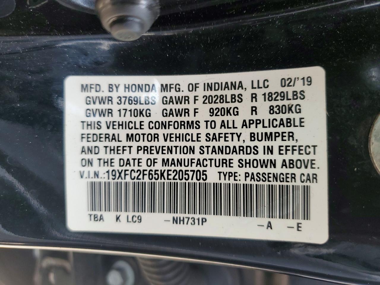 2019 Honda Civic Lx Black vin: 19XFC2F65KE205705