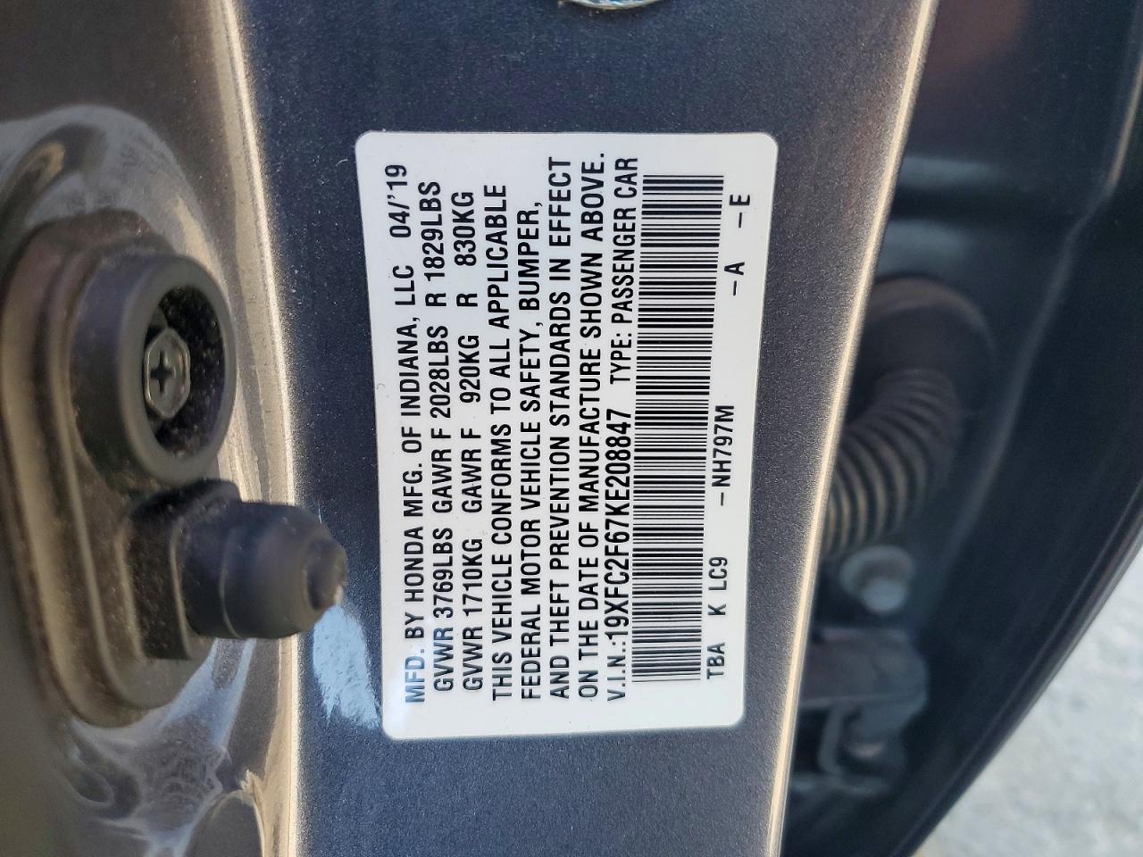 2019 Honda Civic Lx Charcoal vin: 19XFC2F67KE208847