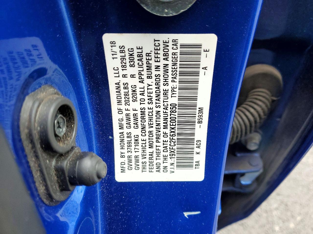 2019 Honda Civic Lx Blue vin: 19XFC2F6XKE007850