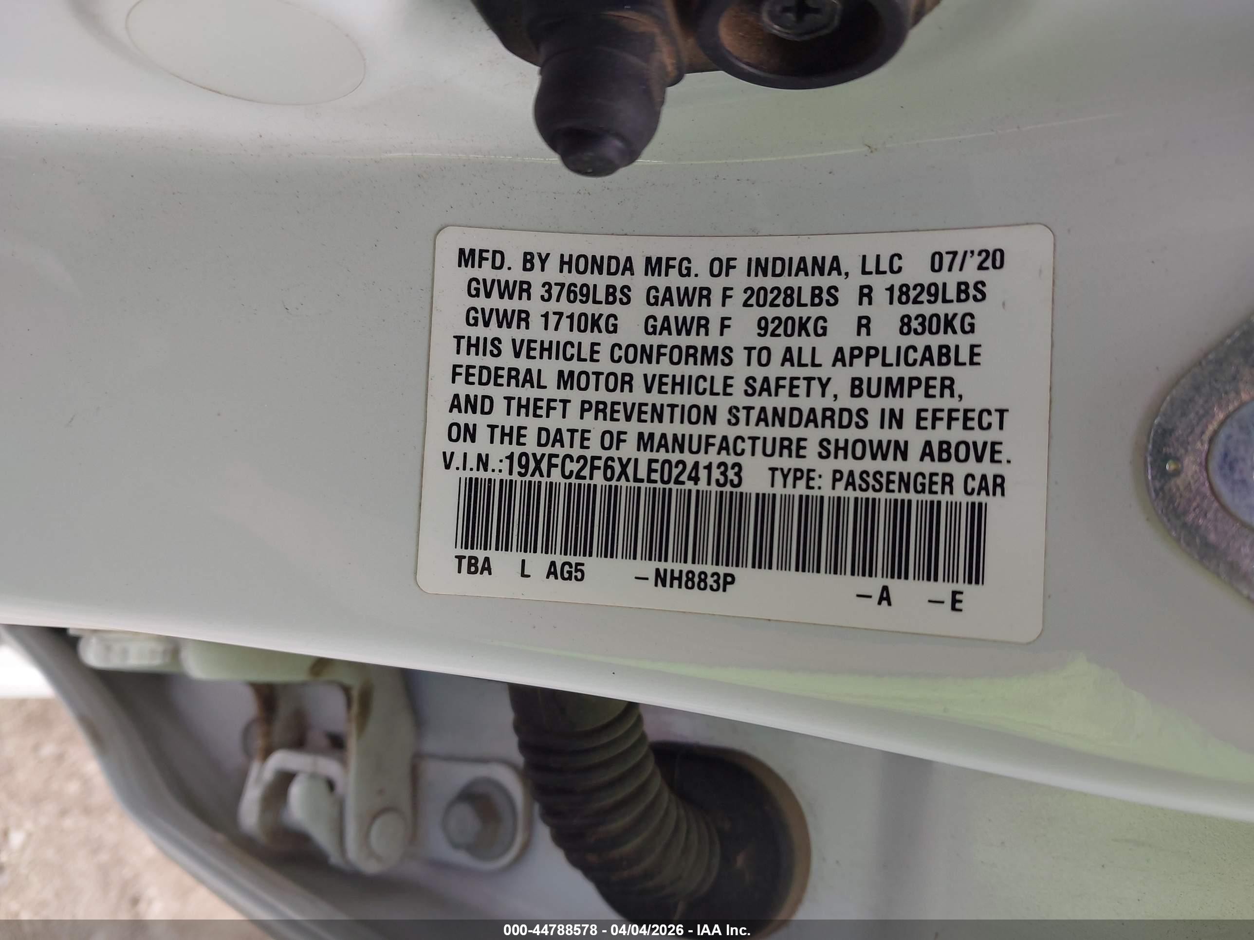 2020 Honda Civic Lx White vin: 19XFC2F6XLE024133