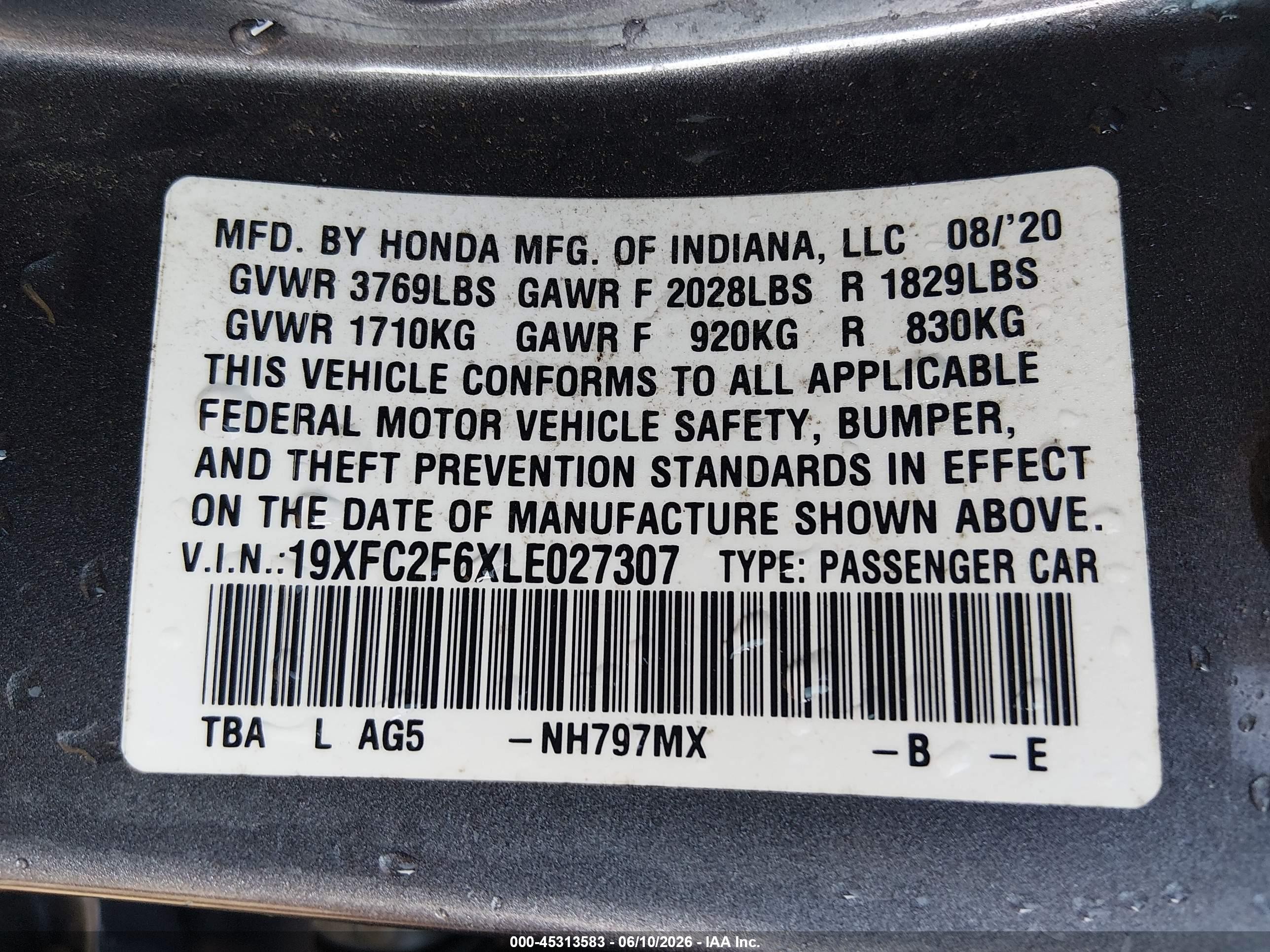2020 Honda Civic Lx Gray vin: 19XFC2F6XLE027307
