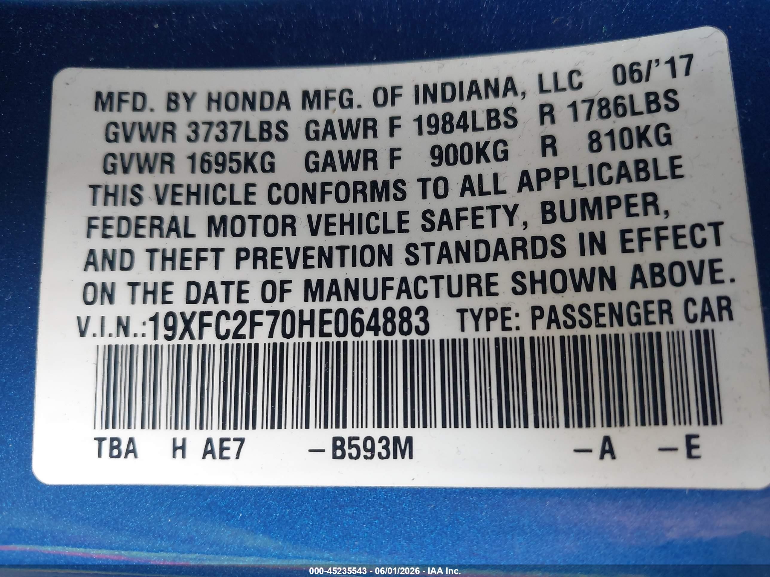 2017 Honda Civic Ex Blue vin: 19XFC2F70HE064883