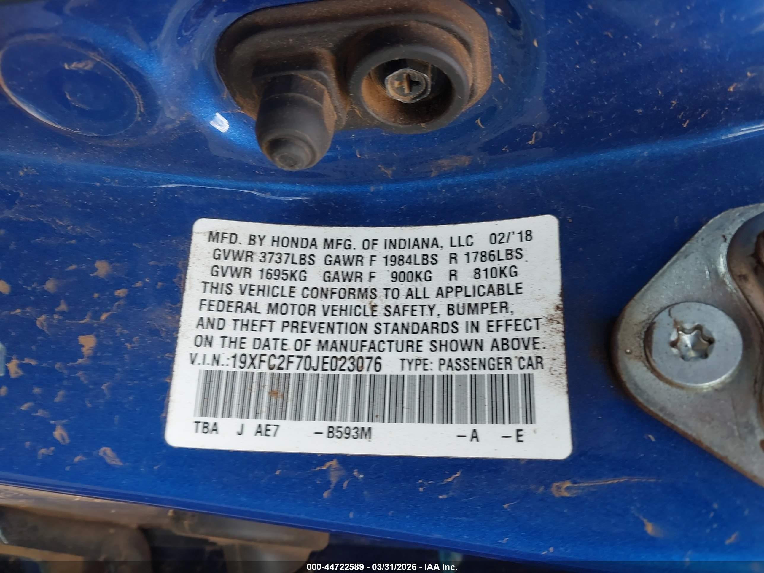 2018 Honda Civic Ex Синий vin: 19XFC2F70JE023076