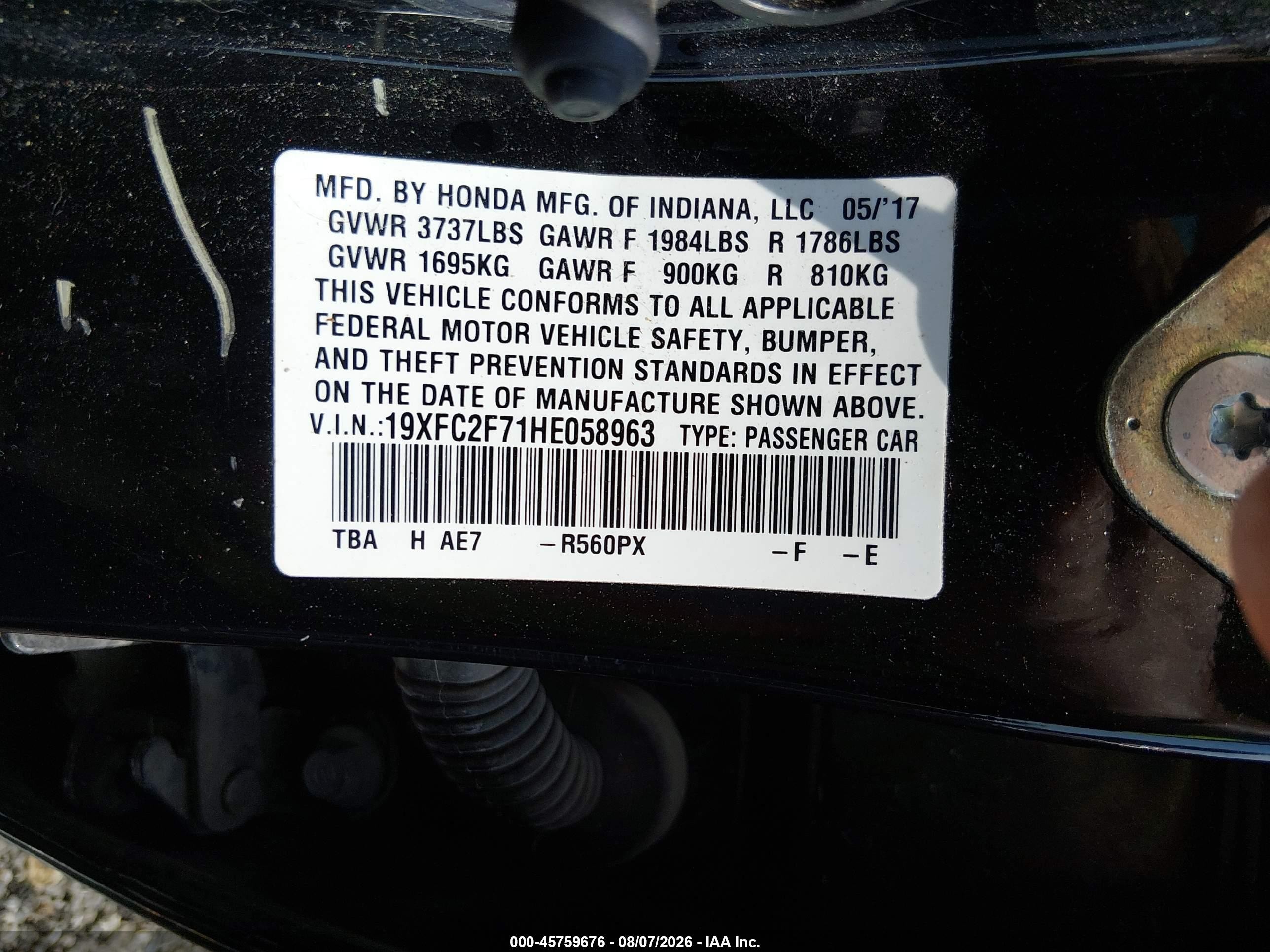 2017 Honda Civic Ex Black vin: 19XFC2F71HE058963