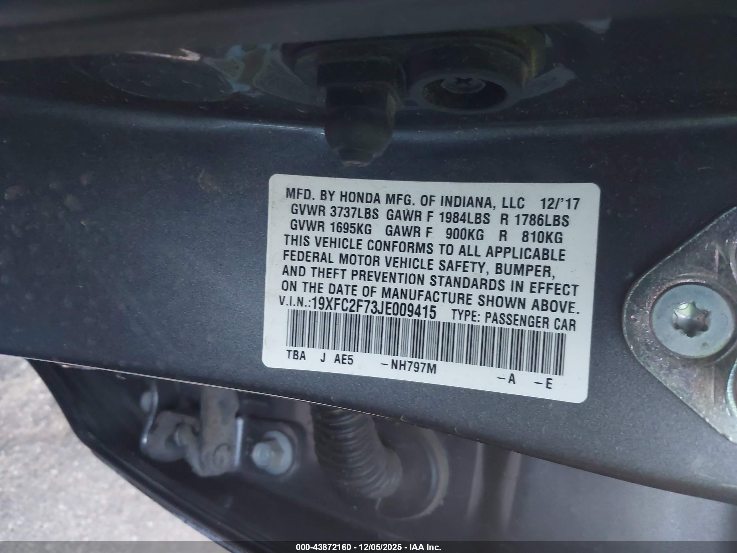 2018 Honda Civic Ex Gray vin: 19XFC2F73JE009415