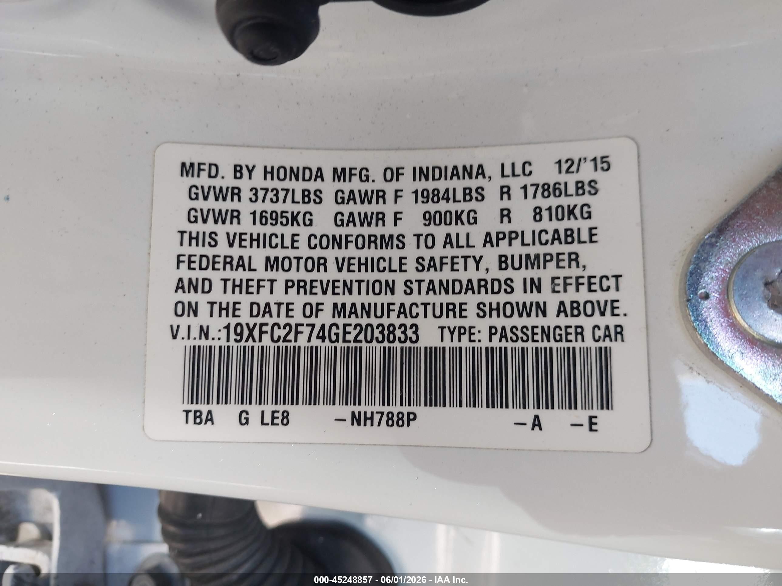 2016 Honda Civic Ex Белый vin: 19XFC2F74GE203833