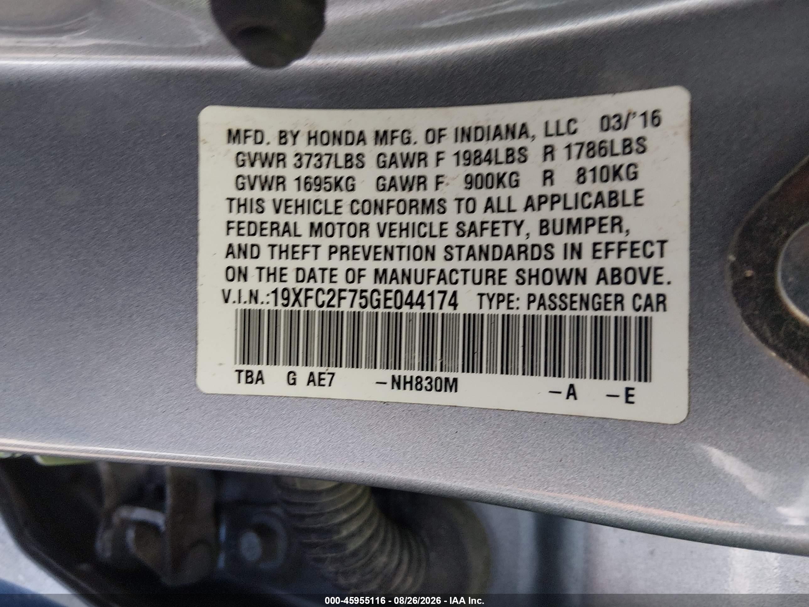 2016 Honda Civic Ex Gray vin: 19XFC2F75GE044174