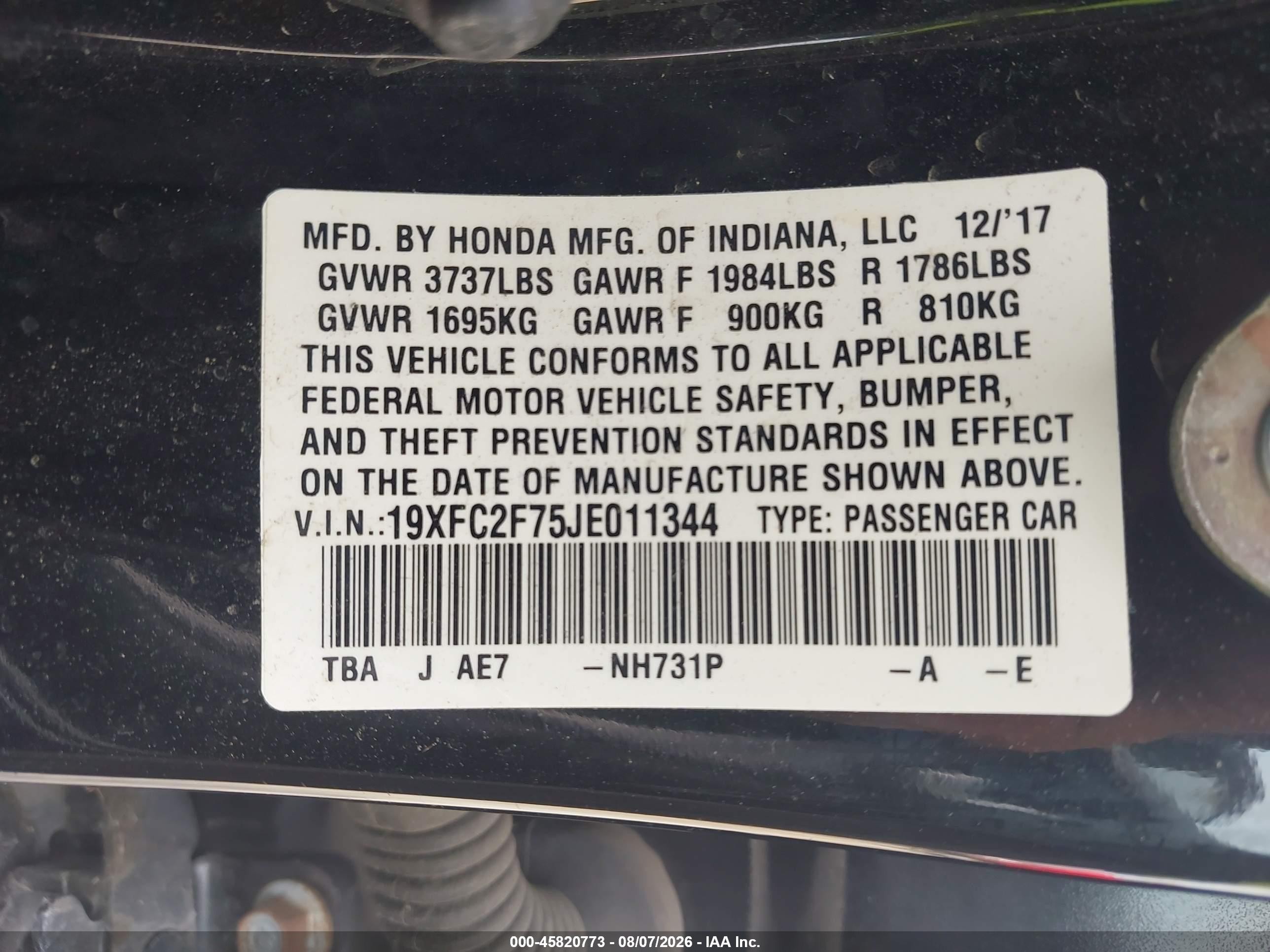 2018 Honda Civic Ex Black vin: 19XFC2F75JE011344