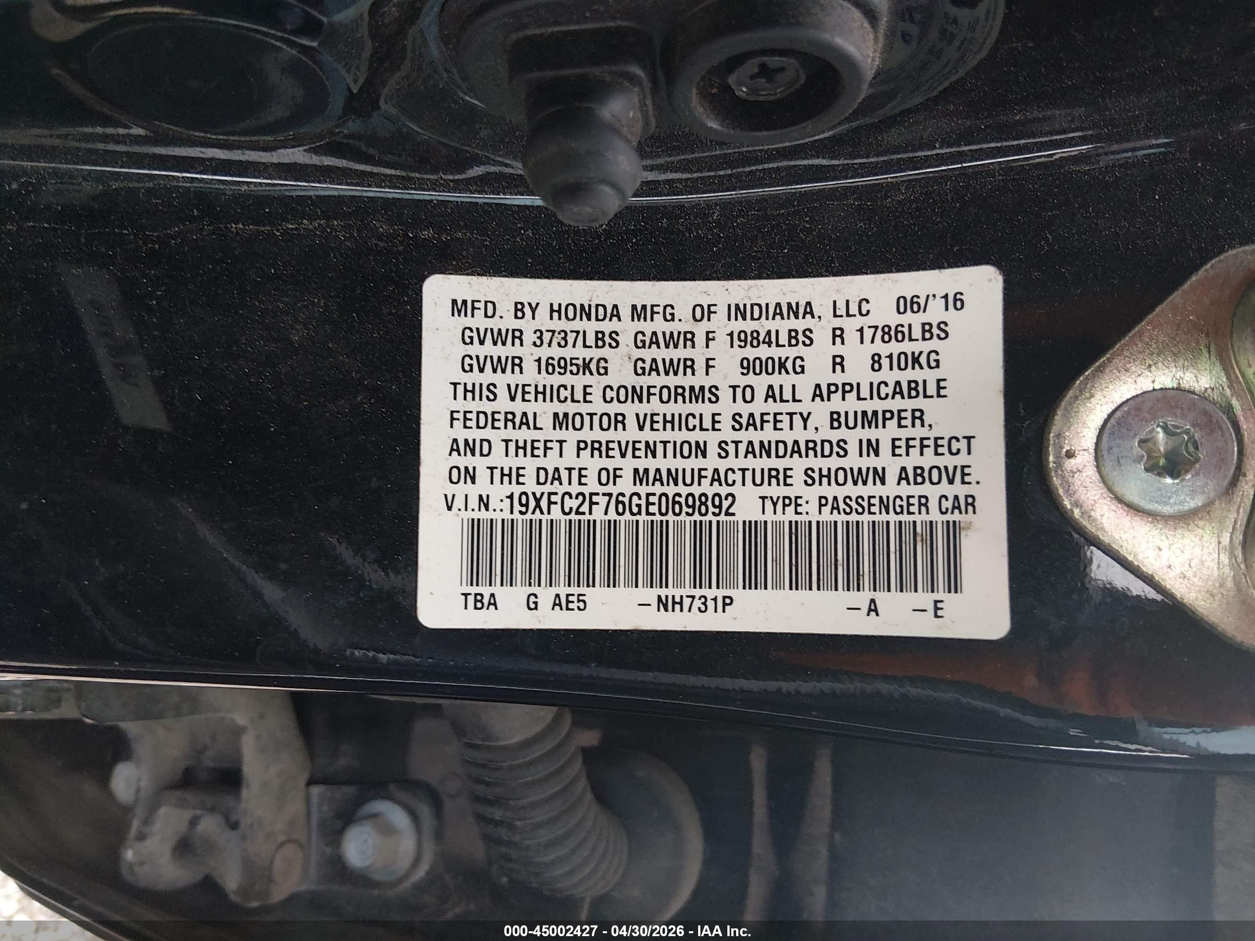 2016 Honda Civic Ex Черный vin: 19XFC2F76GE069892