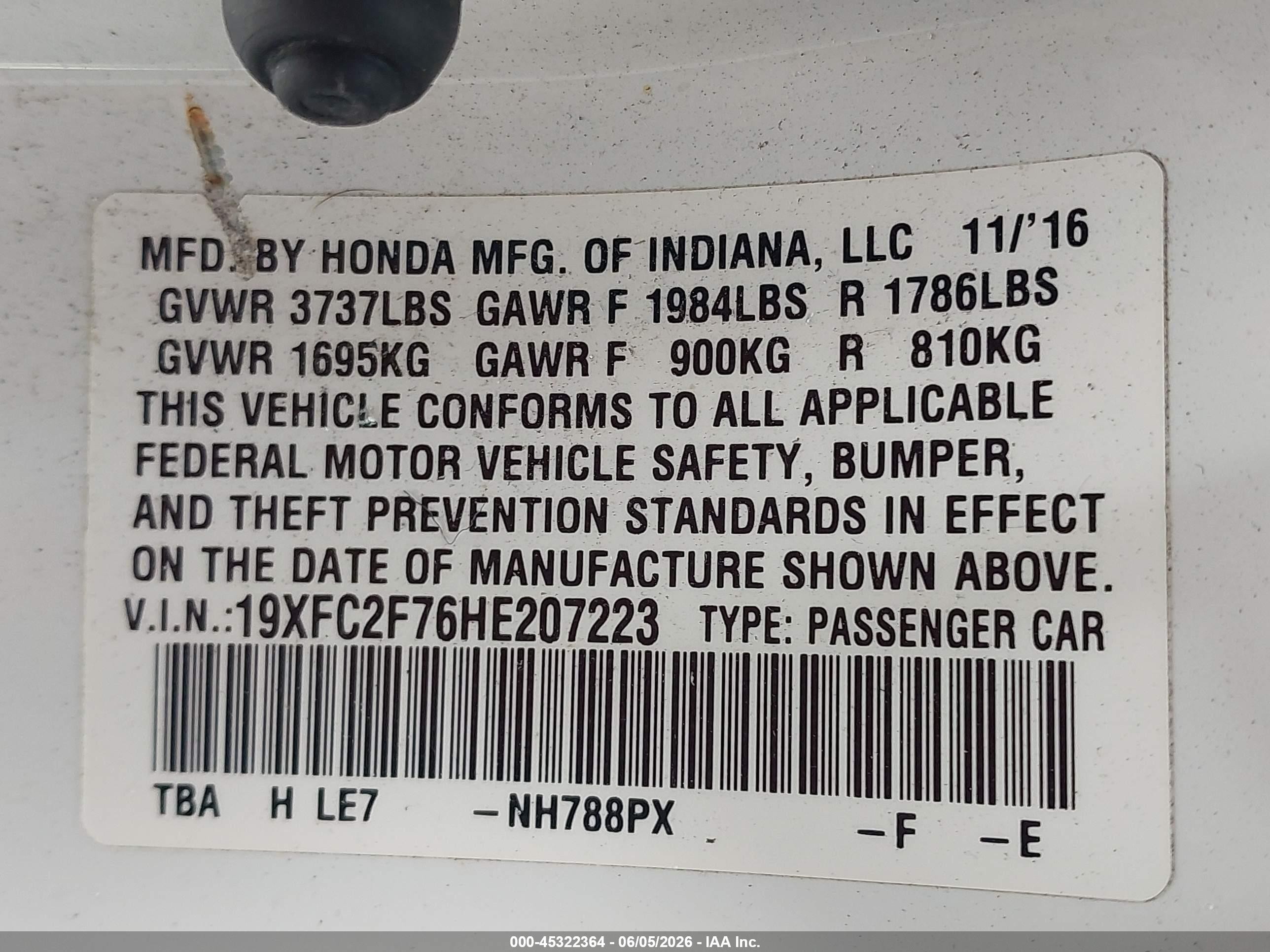 2017 Honda Civic Ex White vin: 19XFC2F76HE207223