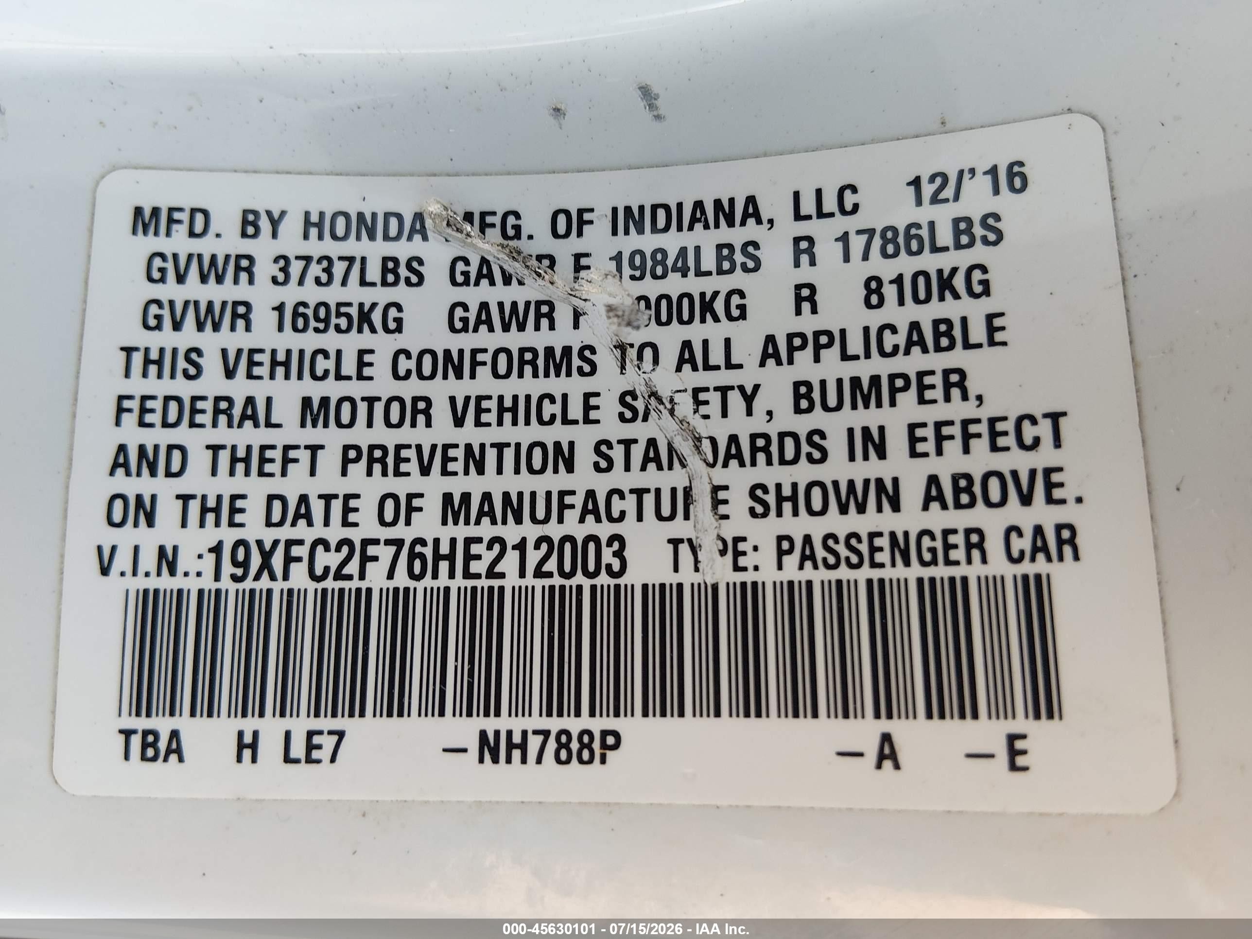 2017 Honda Civic Ex White vin: 19XFC2F76HE212003