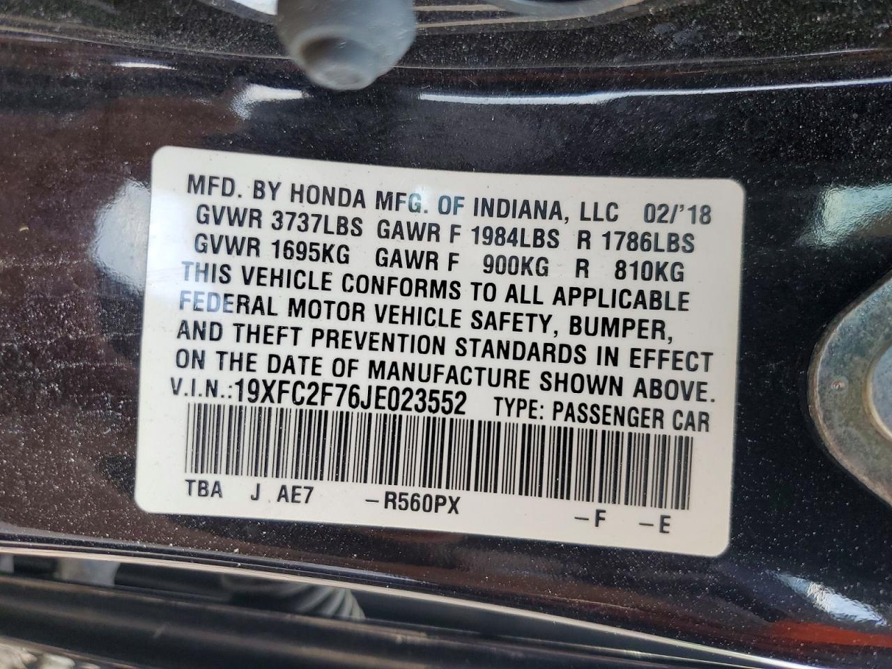 2018 Honda Civic Ex Black vin: 19XFC2F76JE023552