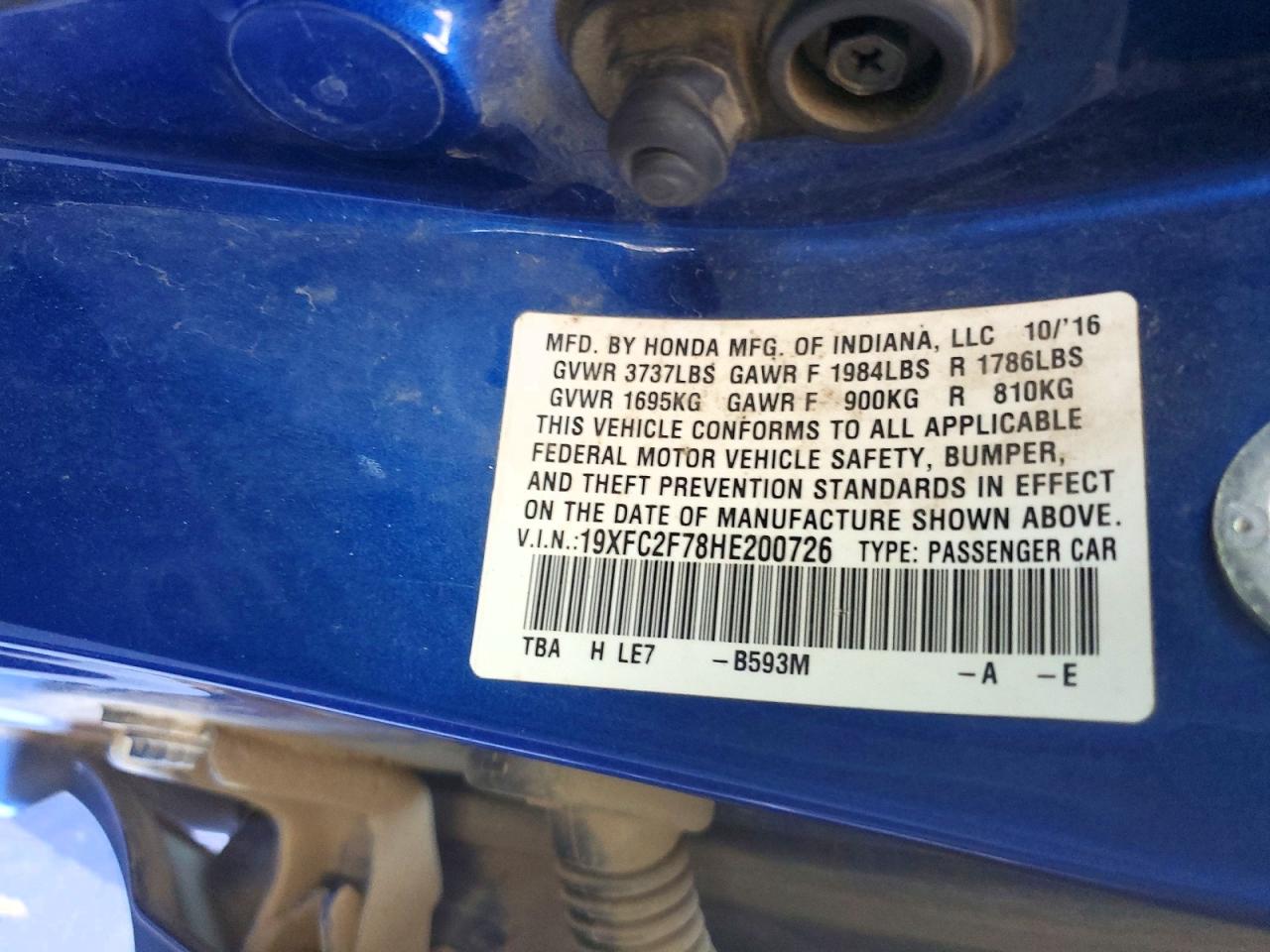 2017 Honda Civic Ex Blue vin: 19XFC2F78HE200726