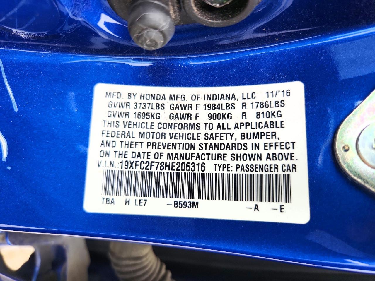 2017 Honda Civic Ex Blue vin: 19XFC2F78HE206316