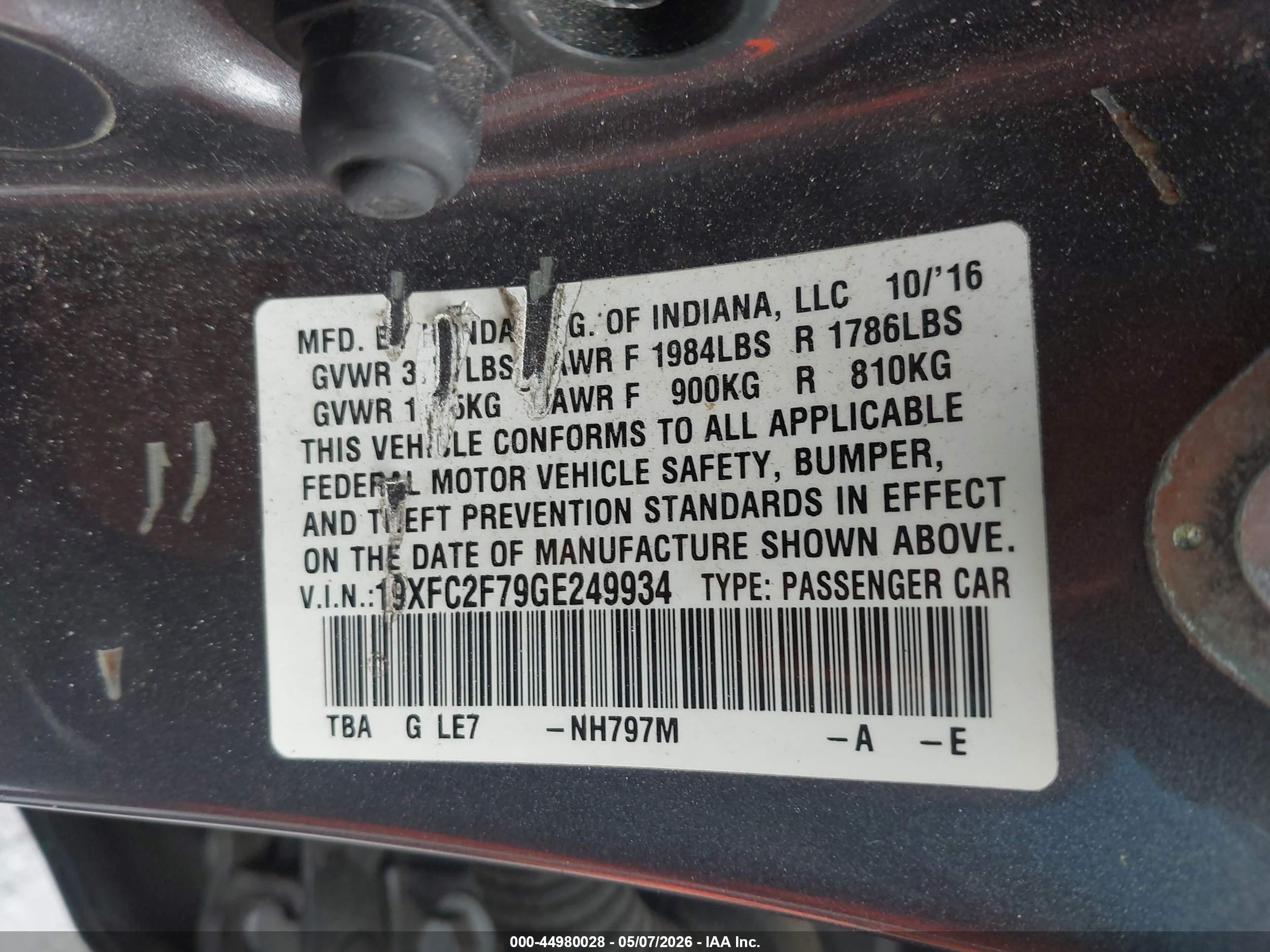 2016 Honda Civic Ex Gray vin: 19XFC2F79GE249934