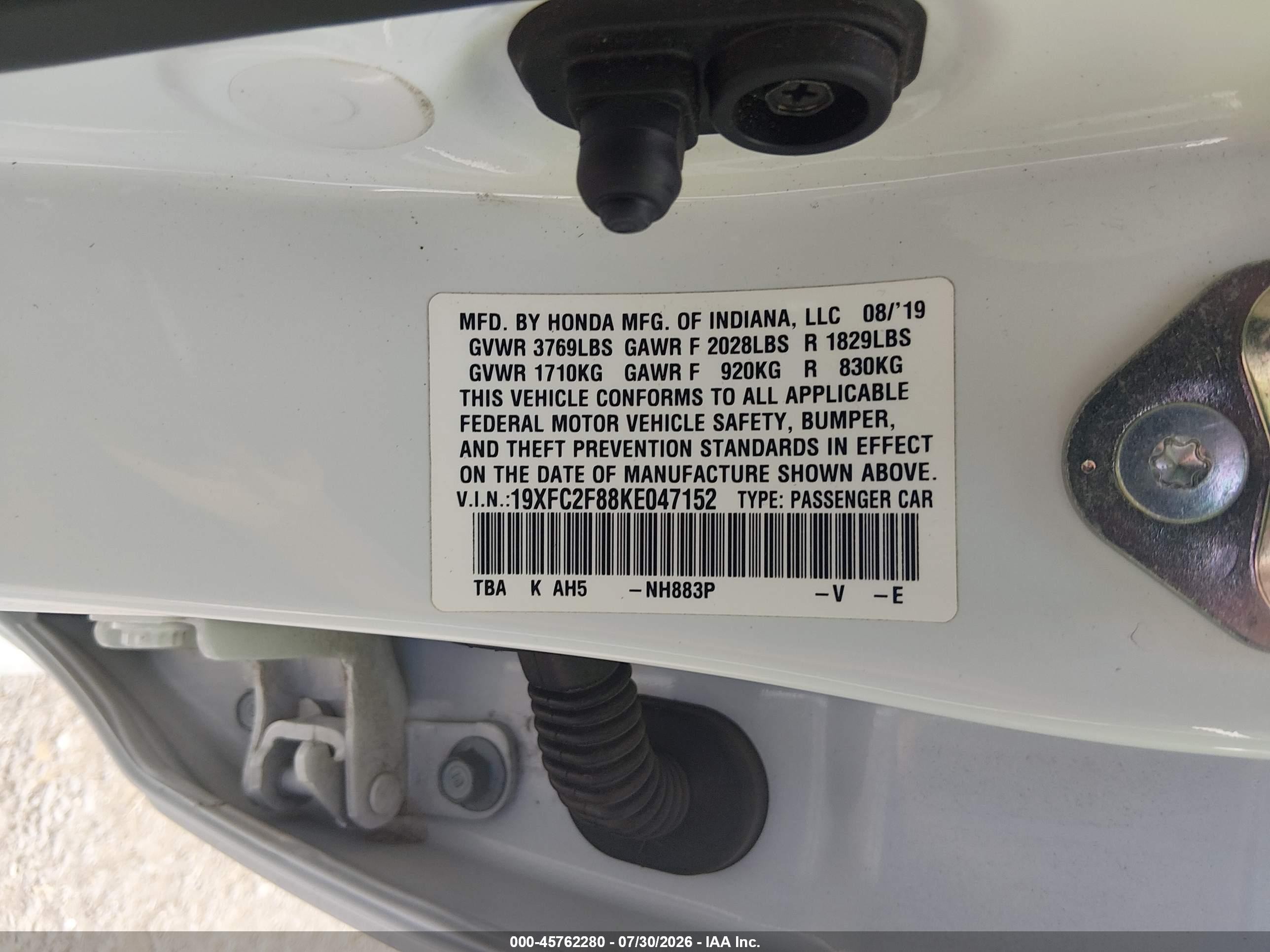 2019 Honda Civic Sport White vin: 19XFC2F88KE047152