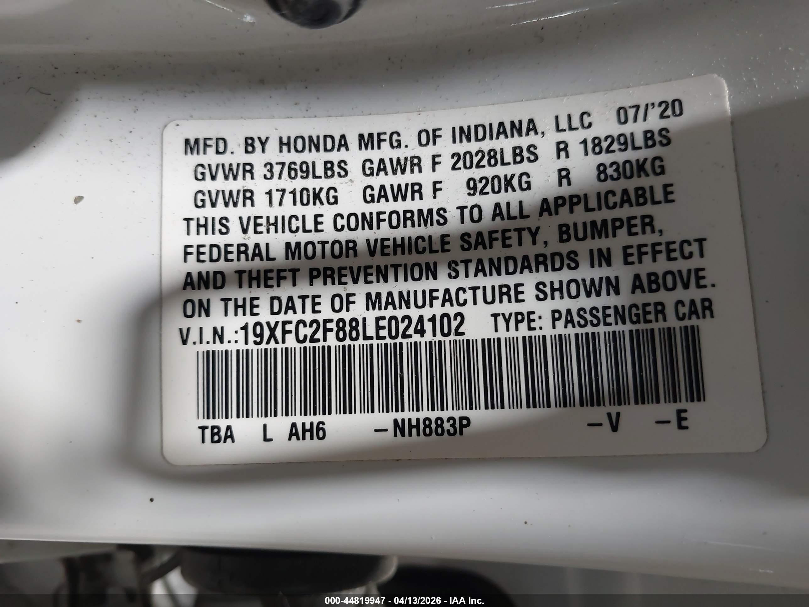 2020 Honda Civic Sport White vin: 19XFC2F88LE024102