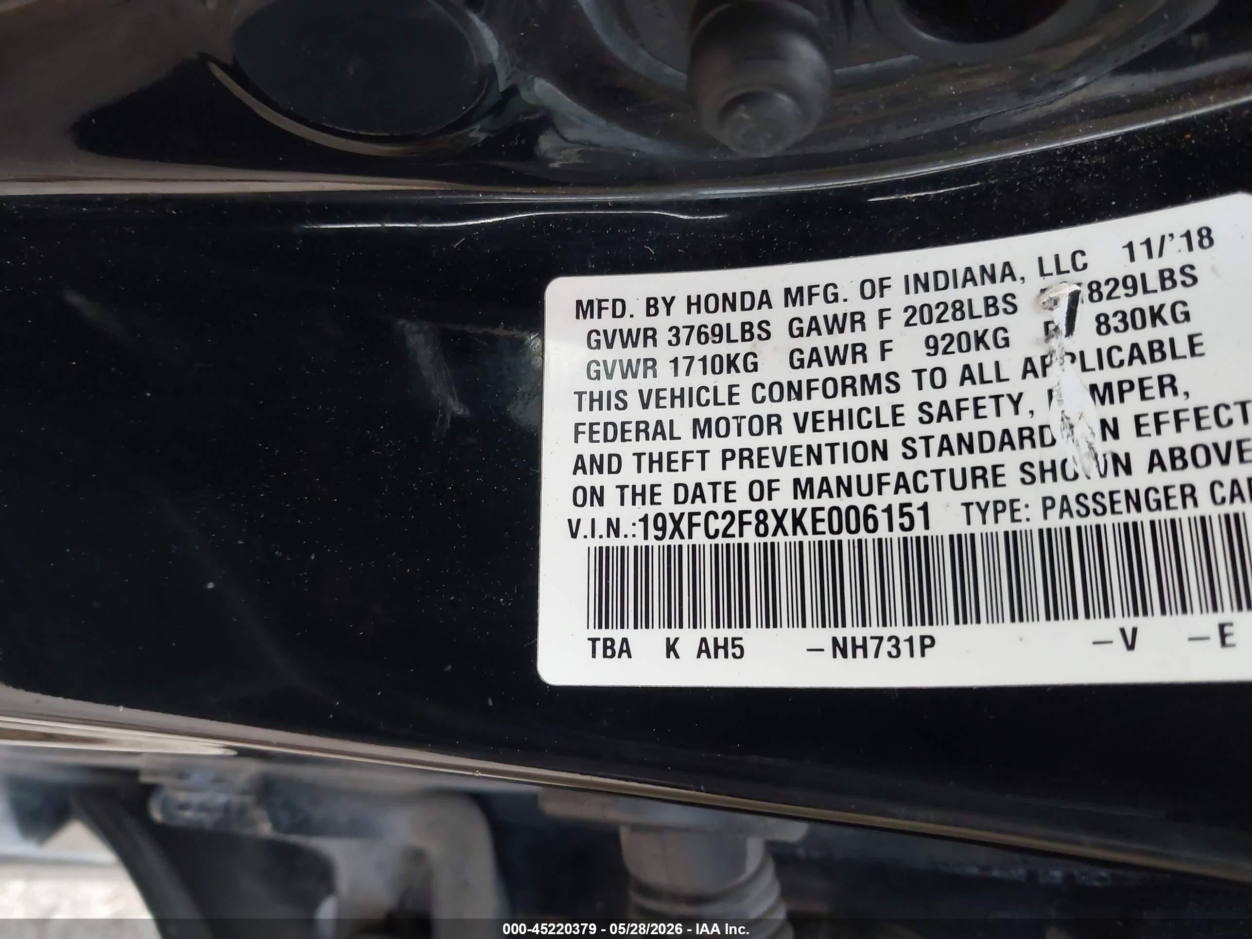 2019 Honda Civic Sport Black vin: 19XFC2F8XKE006151