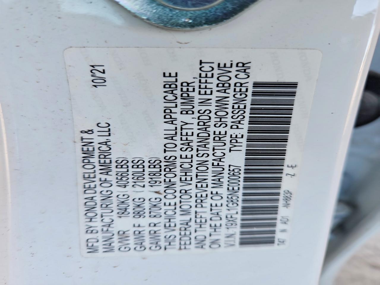 2022 Honda Civic Sport Touring White vin: 19XFL1G85NE000657