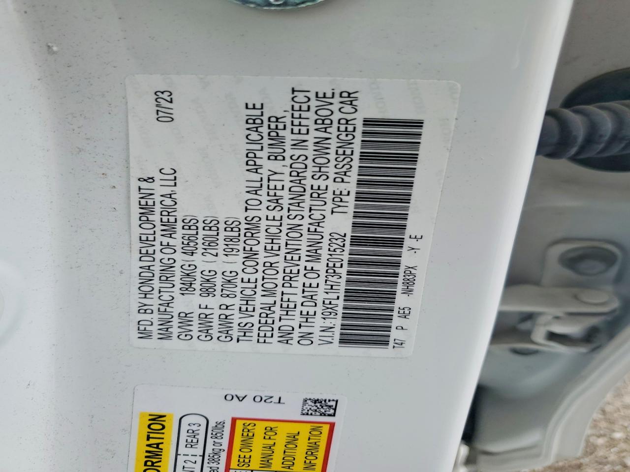 2023 Honda Civic Exl White vin: 19XFL1H73PE015232