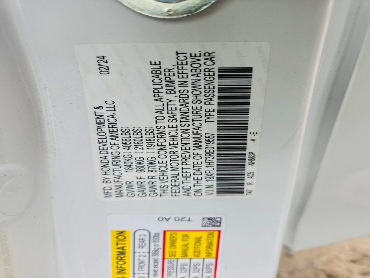 2024 Honda Civic Exl White vin: 19XFL1H73RE019557