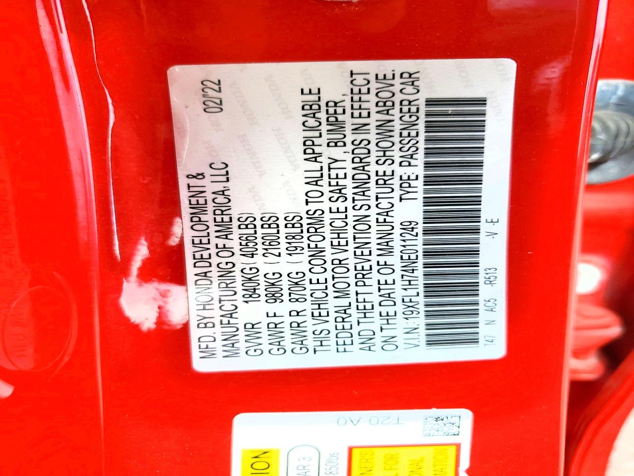 2022 Honda  Civic Hatchback Red vin: 19XFL1H74NE011249