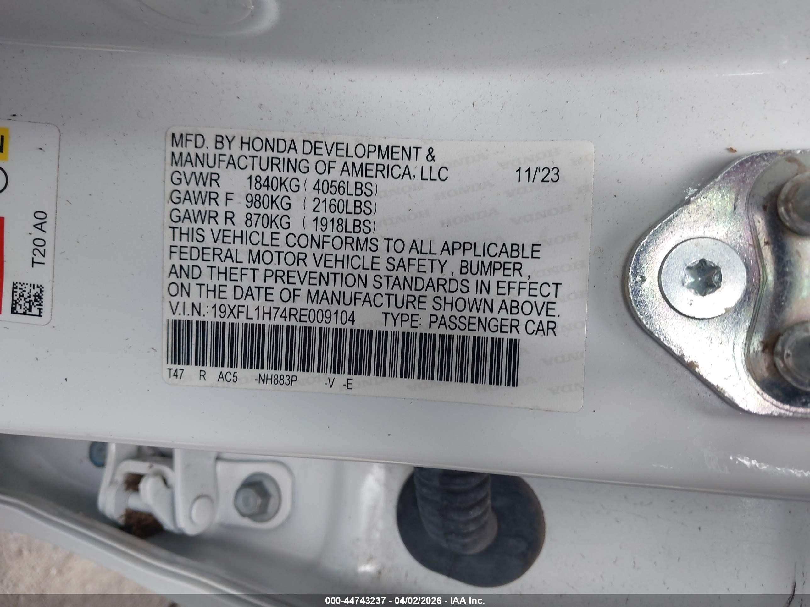 2024 Honda Civic Ex-l White vin: 19XFL1H74RE009104