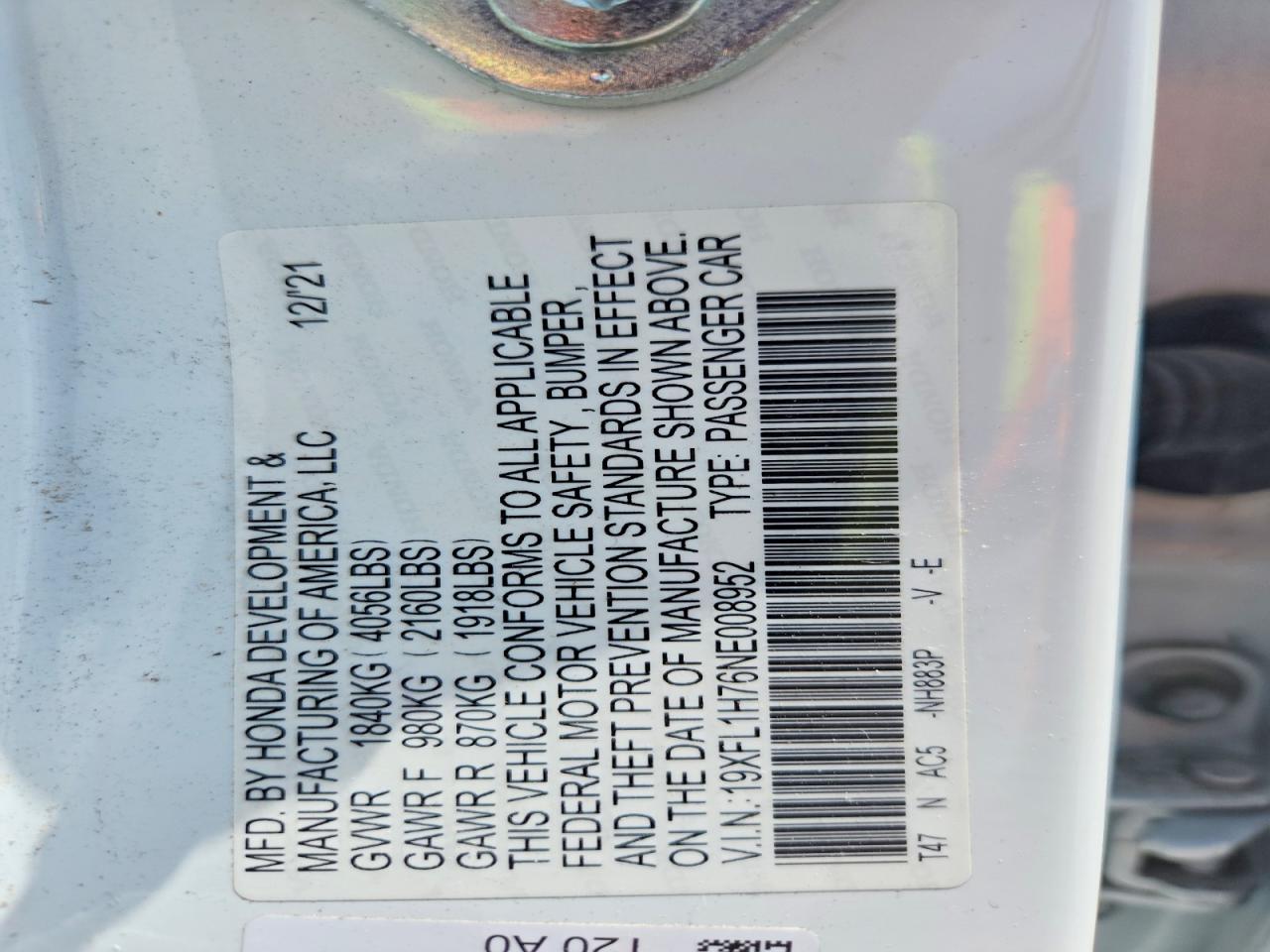 2022 Honda Civic Exl White vin: 19XFL1H76NE008952