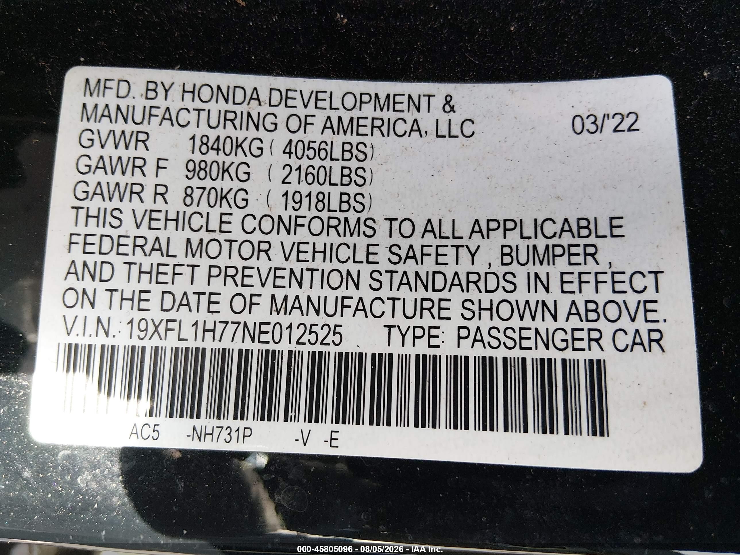 2022 Honda Civic Ex-l Black vin: 19XFL1H77NE012525