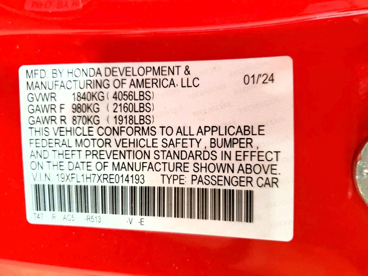 2024 Honda Civic Ex Red vin: 19XFL1H7XRE014193