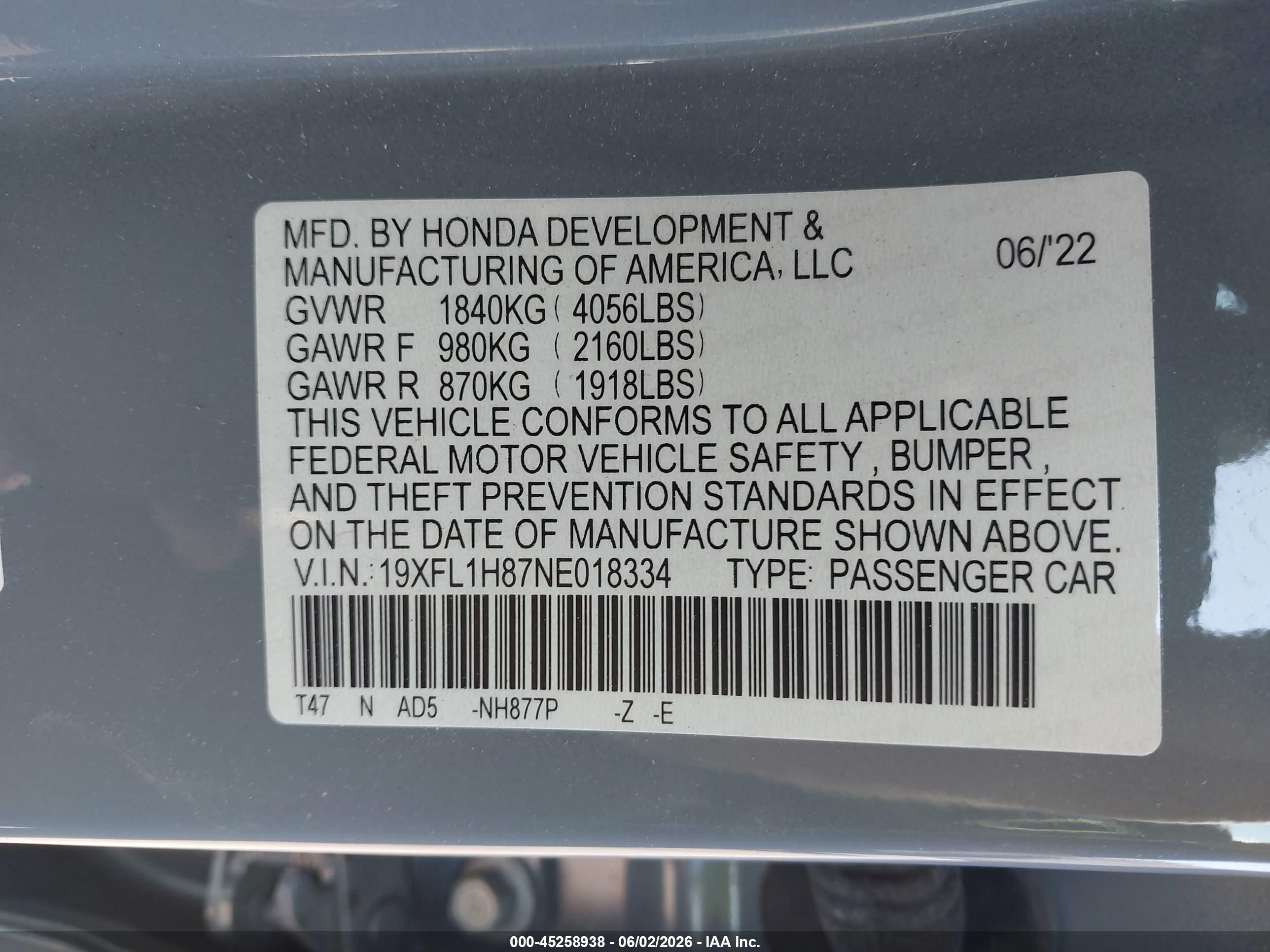2022 Honda Civic Sport Touring Синий vin: 19XFL1H87NE018334