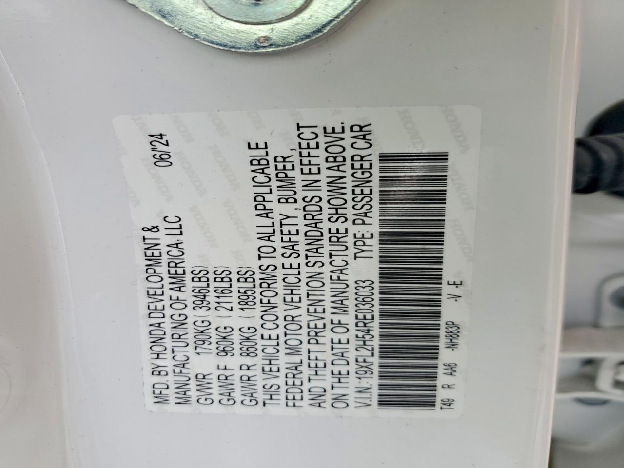 2024 Honda Civic Lx White vin: 19XFL2H54RE036033