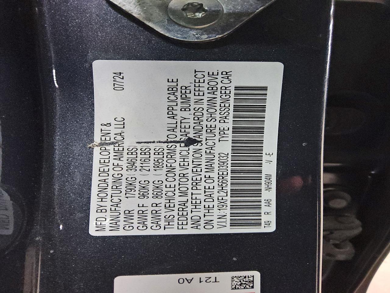 2024 Honda Civic Lx Серый vin: 19XFL2H56RE039032