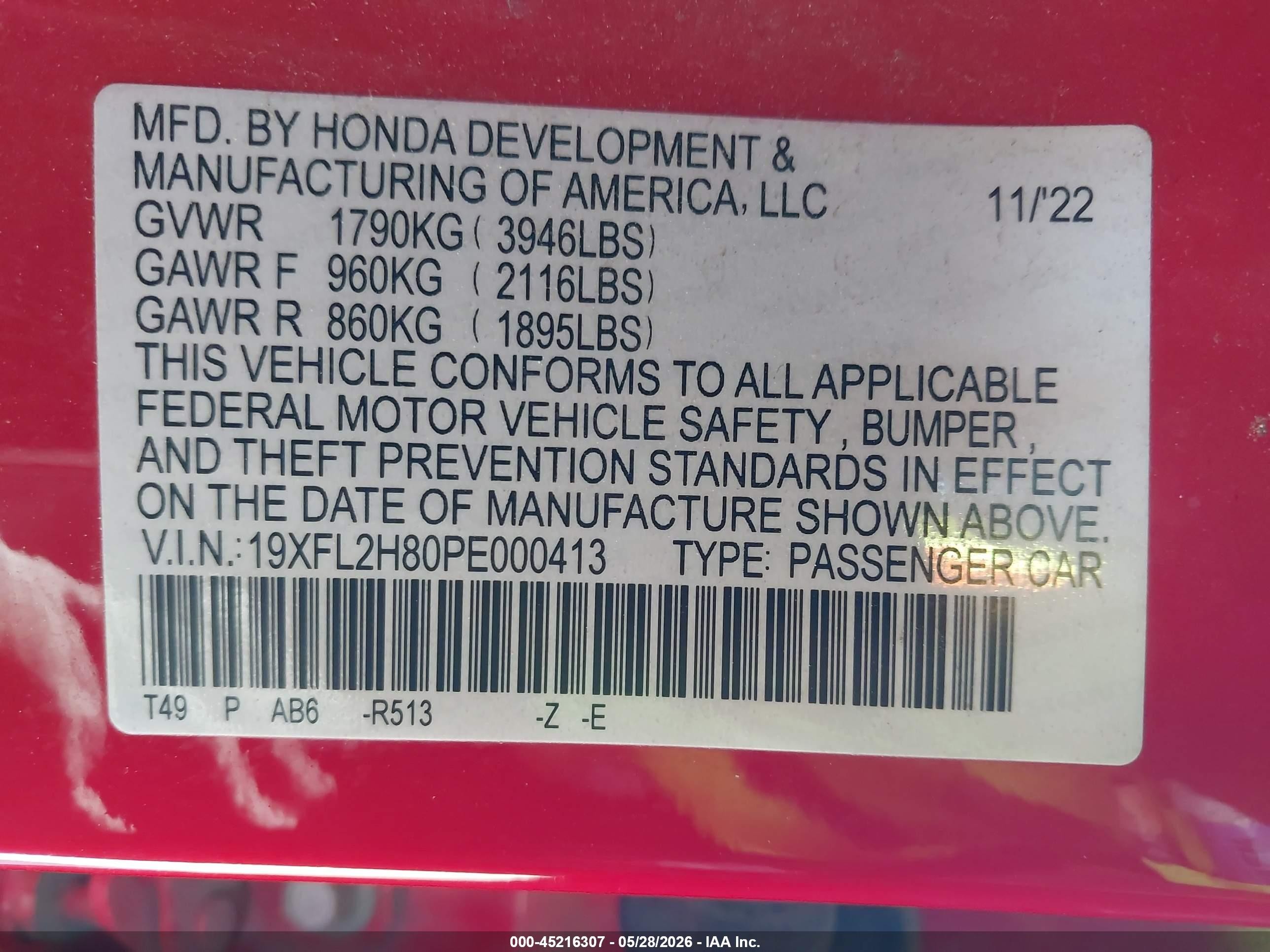 2023 Honda Civic Sport Red vin: 19XFL2H80PE000413
