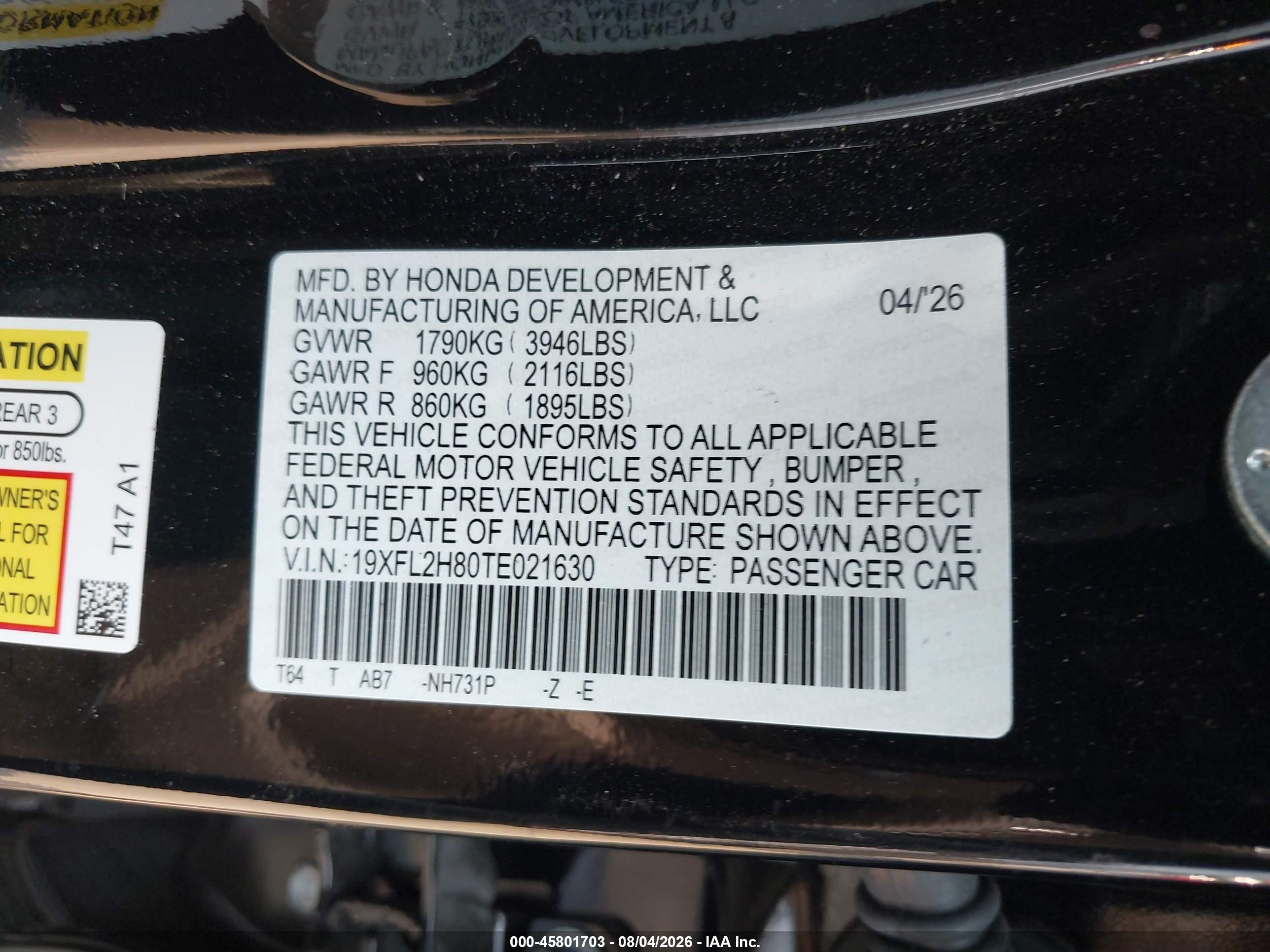 2026 Honda Civic Sport Black vin: 19XFL2H80TE021630