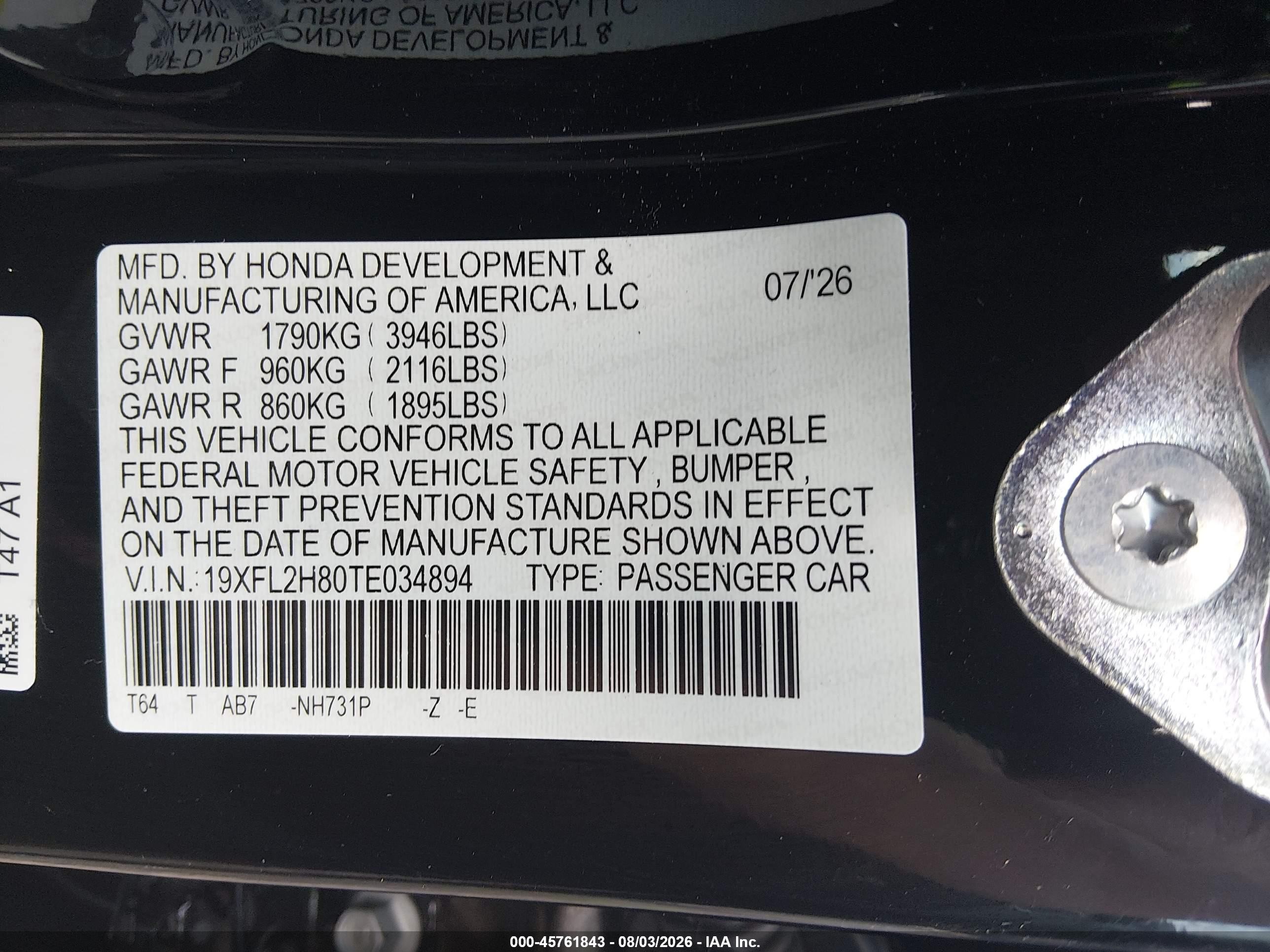 2026 Honda Civic Sport Black vin: 19XFL2H80TE034894