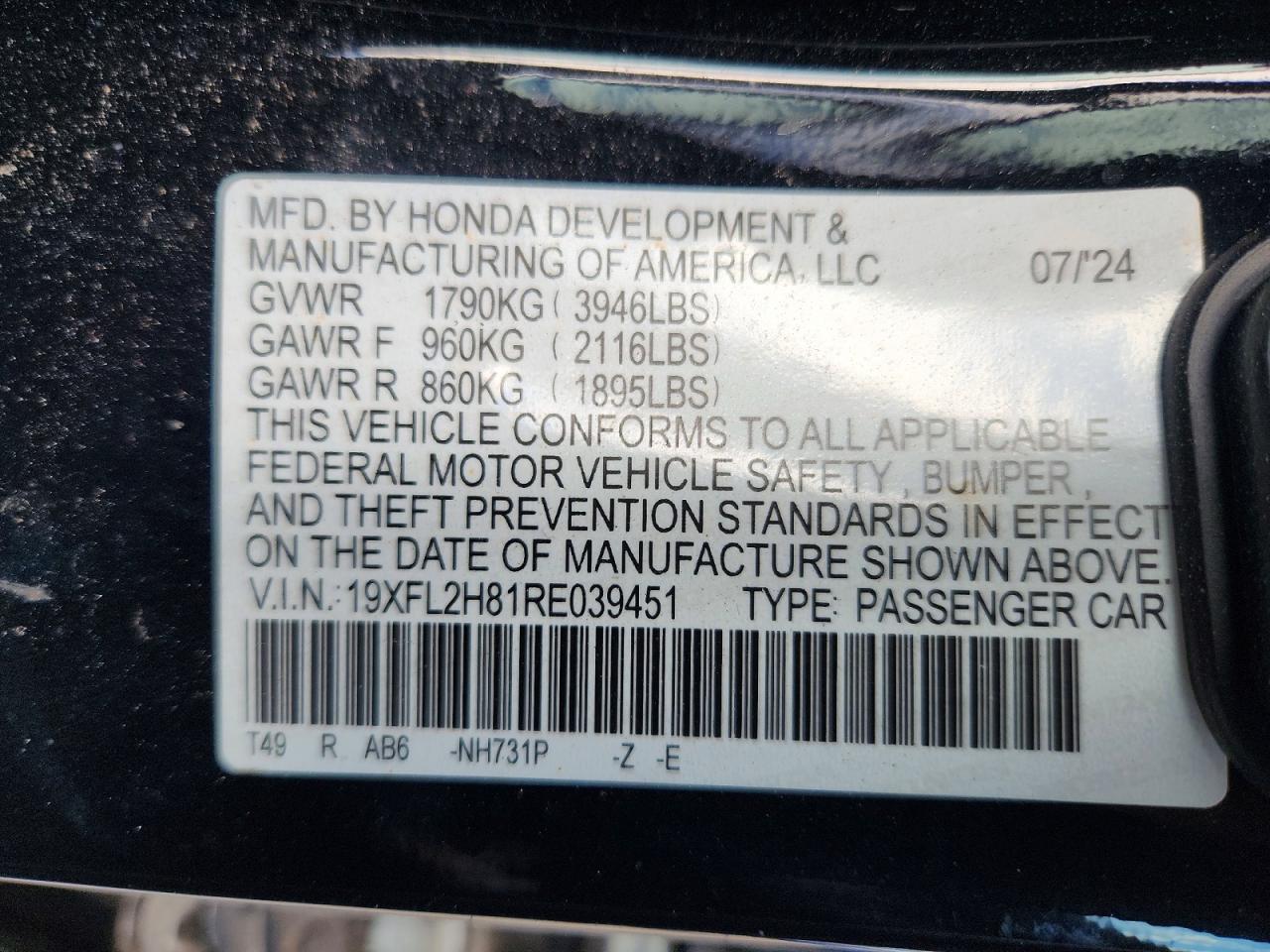 2024 Honda Civic Sport Black vin: 19XFL2H81RE039451