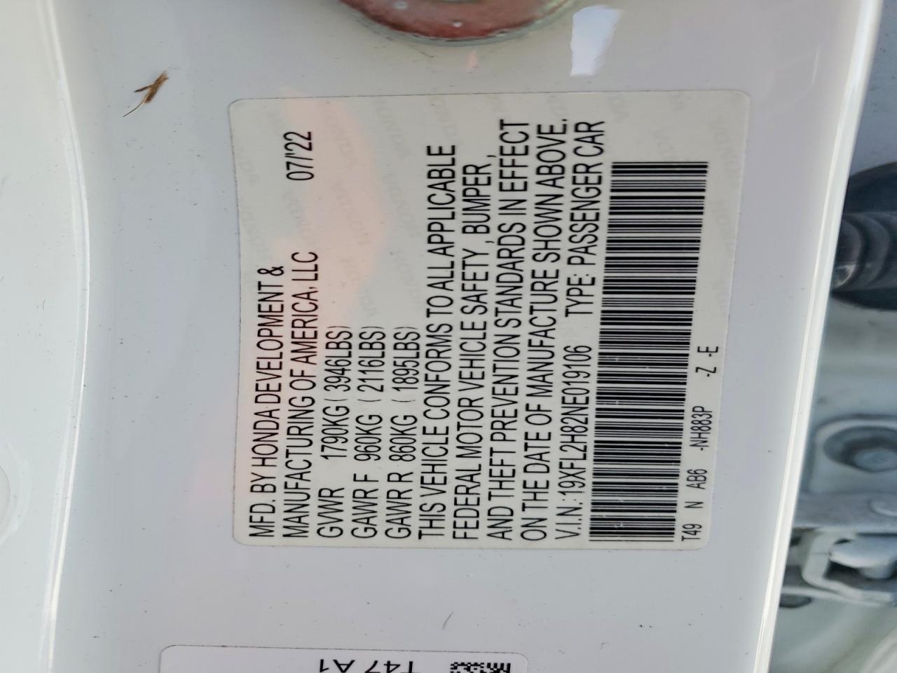 2022 Honda Civic Sport White vin: 19XFL2H82NE019106