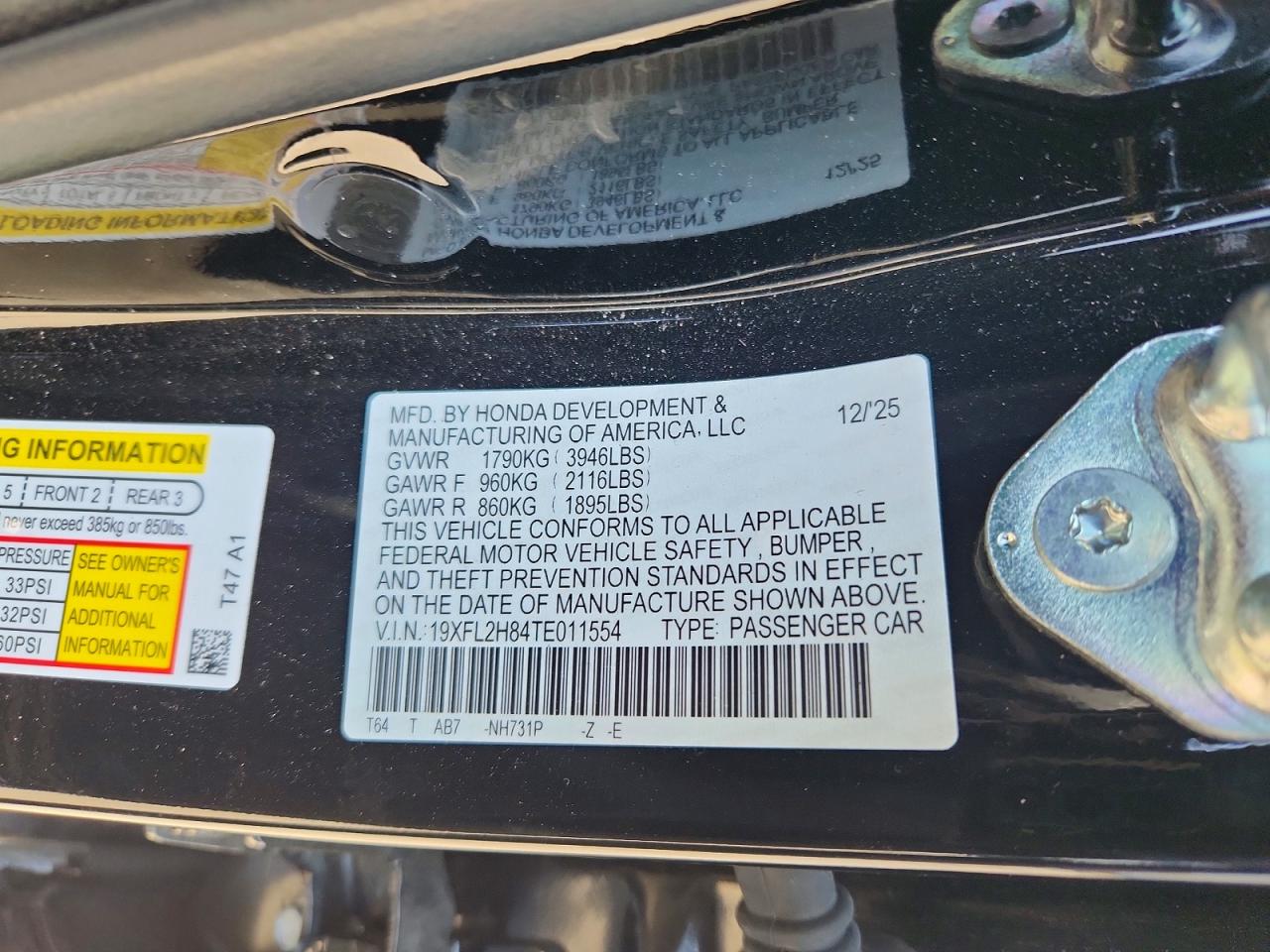 2026 Honda Civic Sport Black vin: 19XFL2H84TE011554